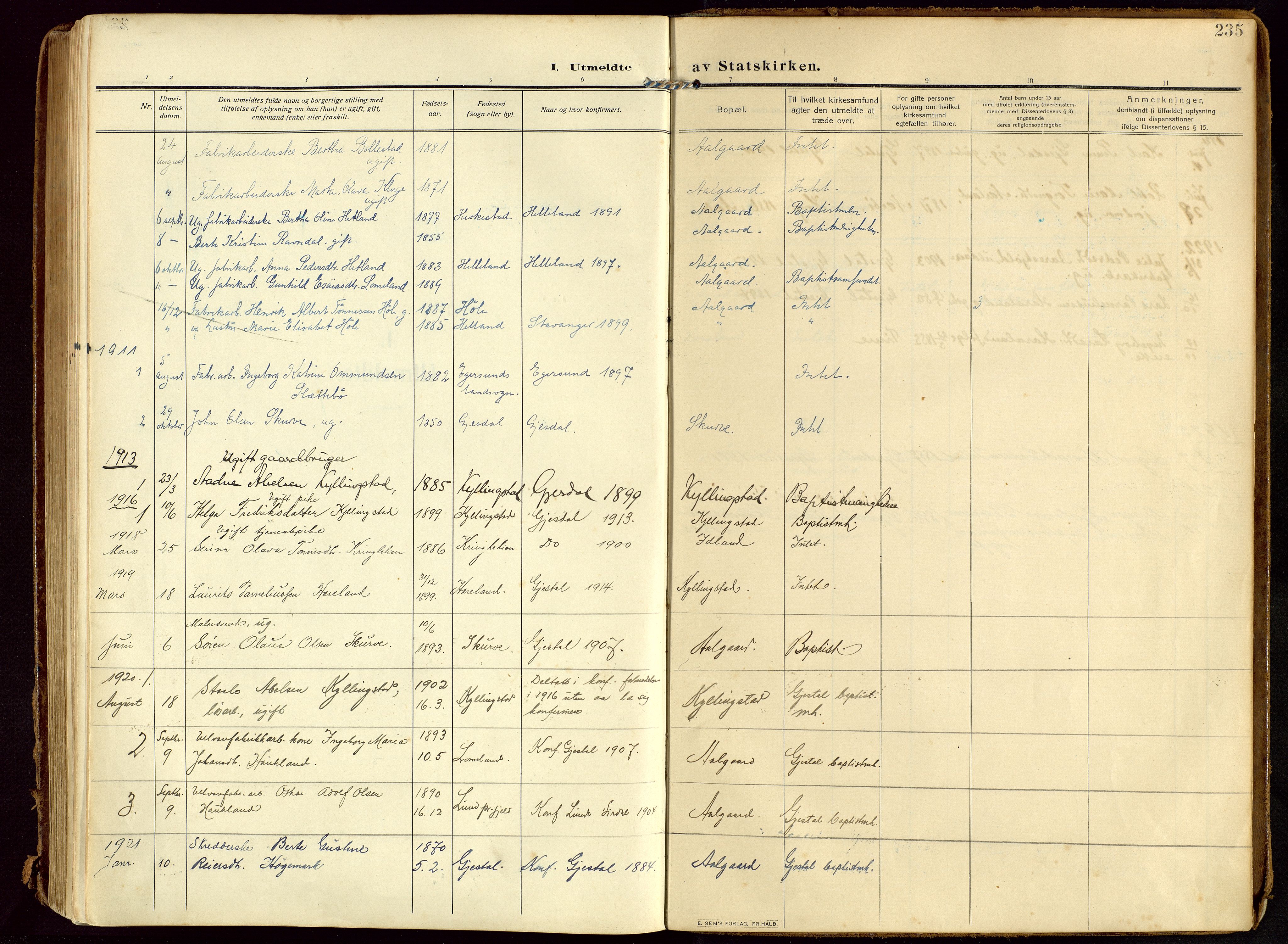 Lye sokneprestkontor, AV/SAST-A-101794/002/B/L0001: Parish register (official) no. A 13, 1910-1925, p. 235