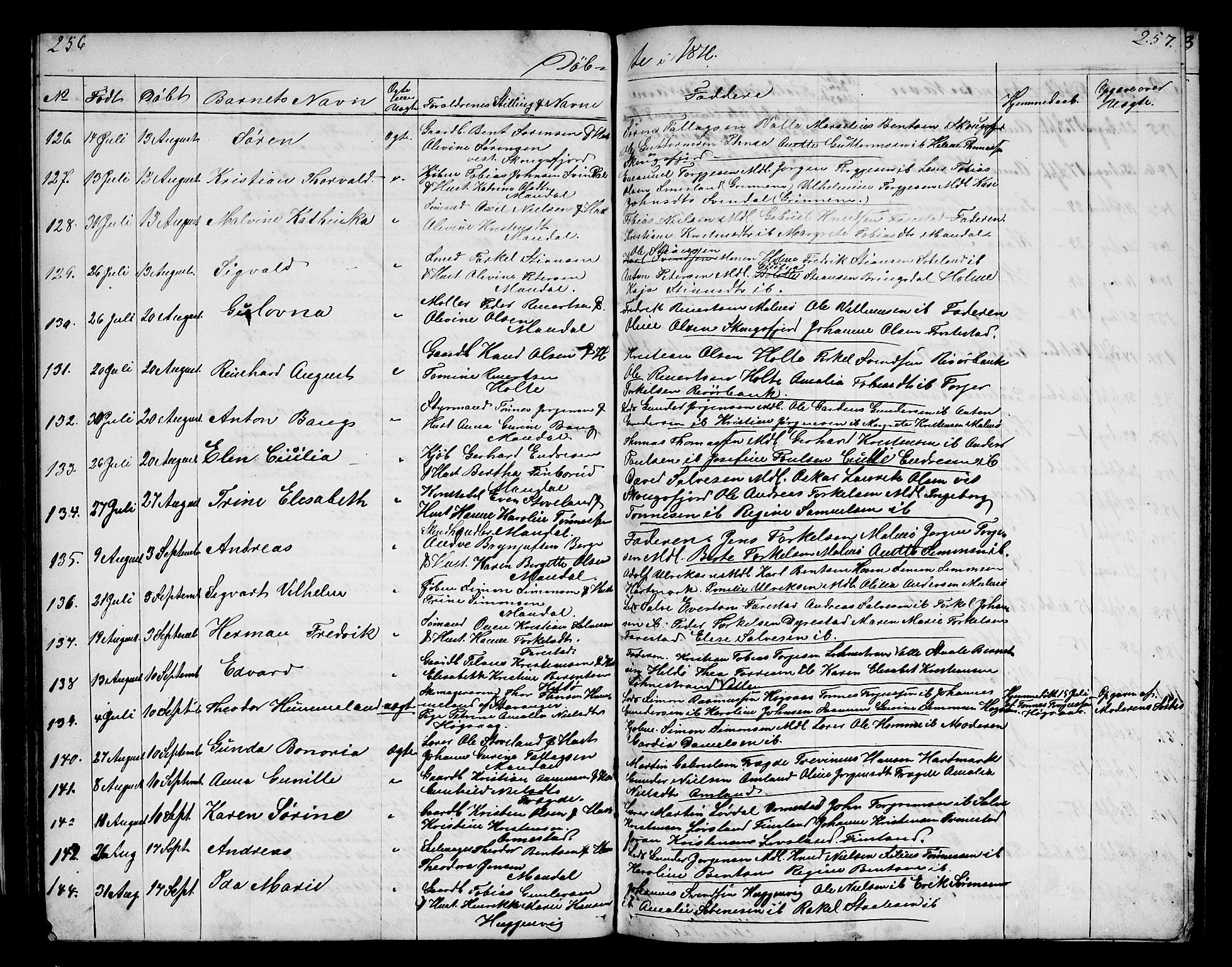 Mandal sokneprestkontor, AV/SAK-1111-0030/F/Fb/Fba/L0009: Parish register (copy) no. B 3, 1867-1877, p. 256-257