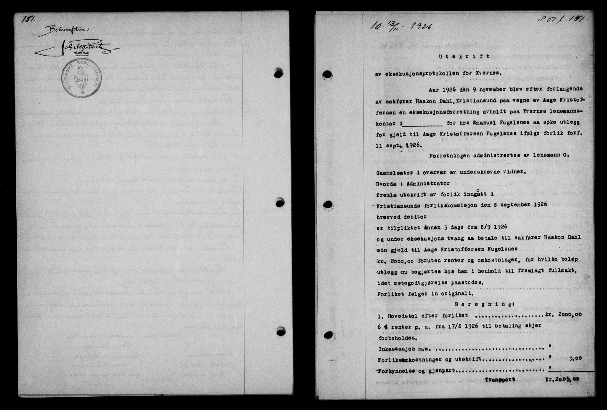 Nordmøre sorenskriveri, AV/SAT-A-4132/1/2/2Ca/L0061: Mortgage book no. 51, 1926-1927, Deed date: 13.11.1926