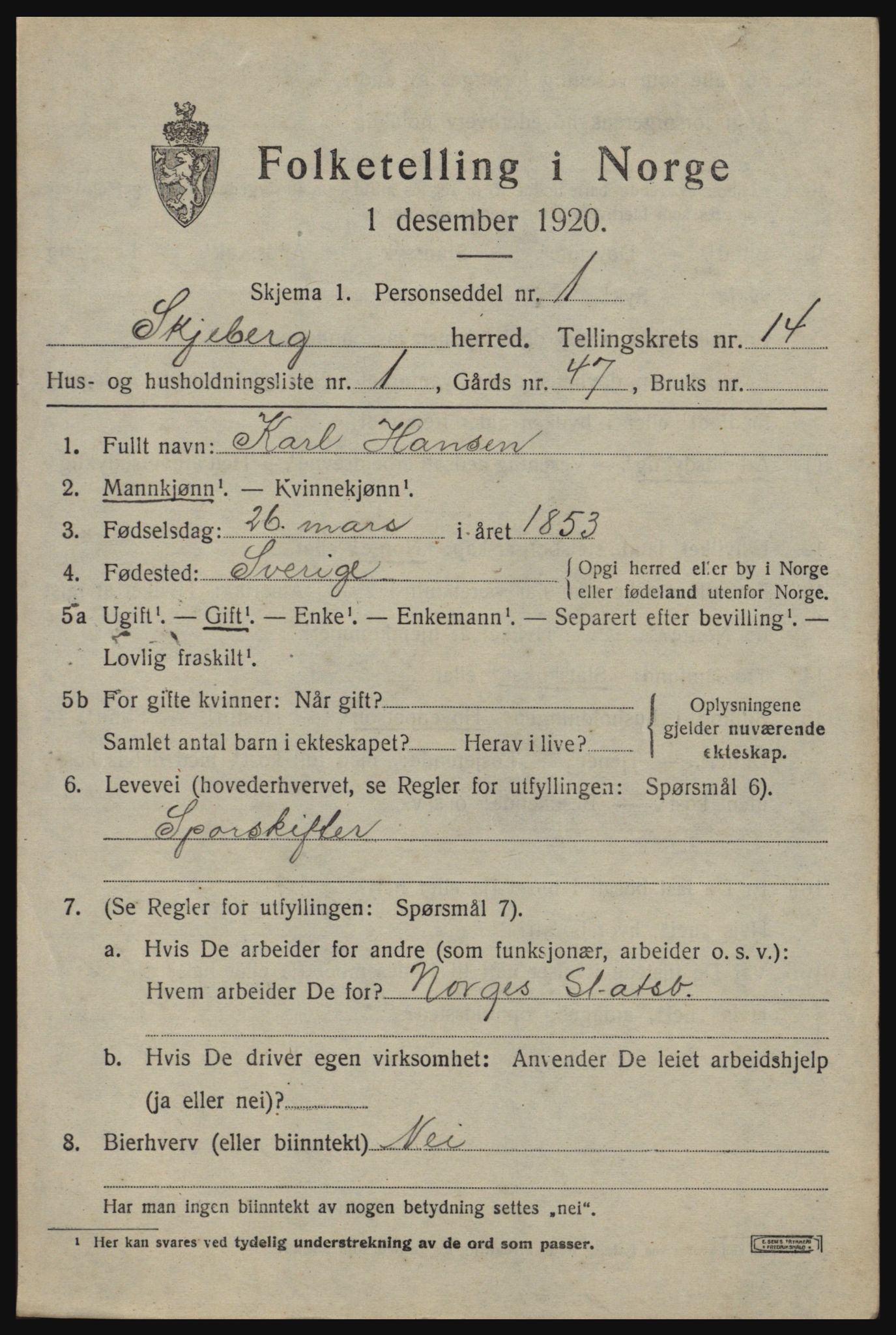 SAO, 1920 census for Skjeberg, 1920, p. 12981