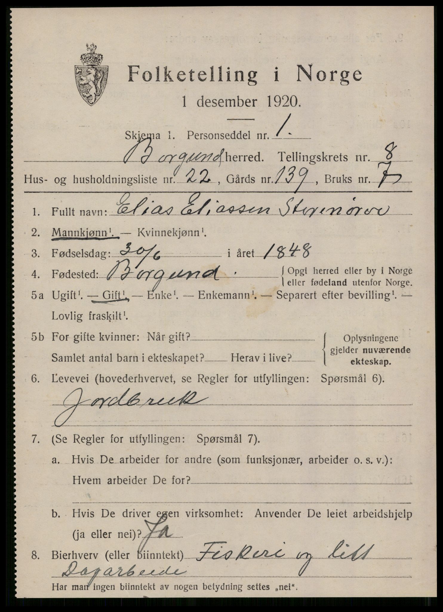 SAT, 1920 census for Borgund, 1920, p. 7592