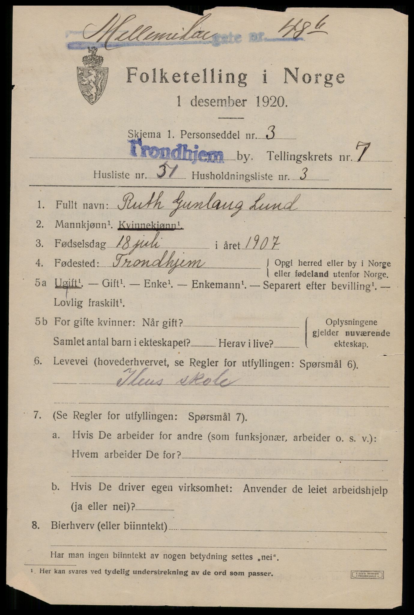 SAT, 1920 census for Trondheim, 1920, p. 42478