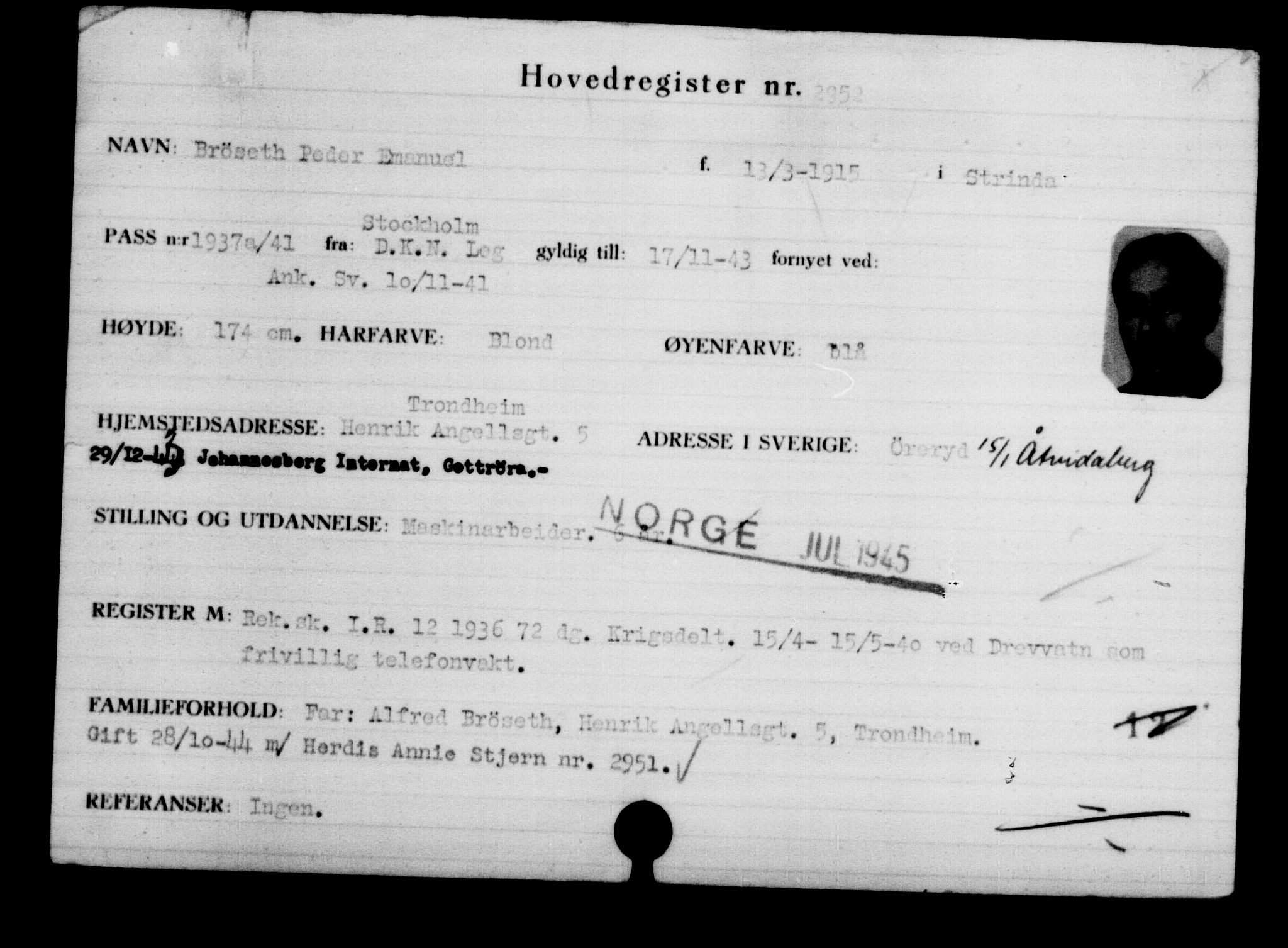 Den Kgl. Norske Legasjons Flyktningskontor, AV/RA-S-6753/V/Va/L0003: Kjesäterkartoteket.  Flyktningenr. 2001-3495, 1940-1945, p. 1363