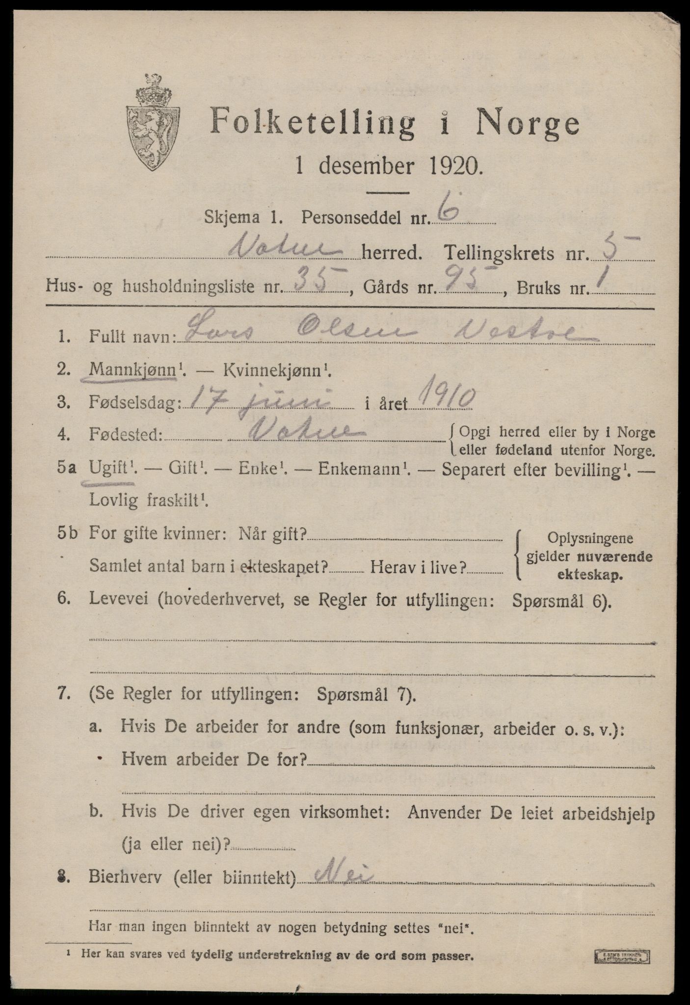 SAT, 1920 census for Vatne, 1920, p. 2688