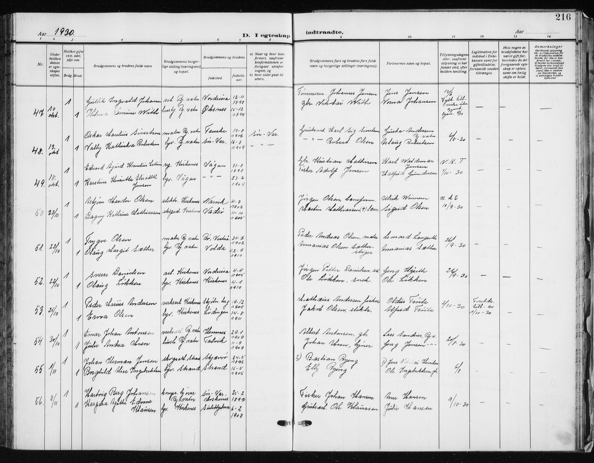 Sør-Varanger sokneprestkontor, AV/SATØ-S-1331/H/Hb/L0006klokker: Parish register (copy) no. 6, 1929-1938, p. 216