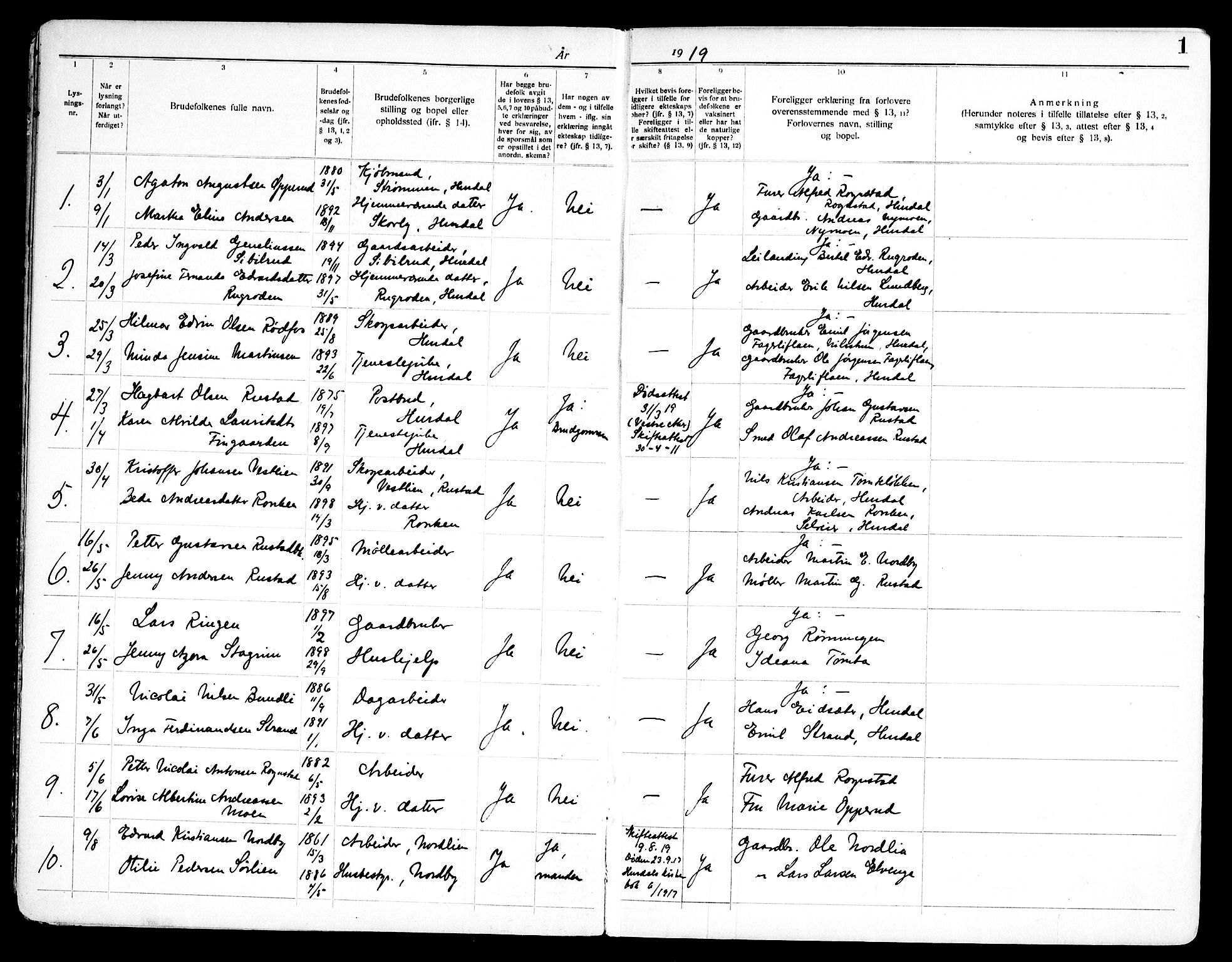 Hurdal prestekontor Kirkebøker, SAO/A-10889/H/Ha/L0001: Banns register no. 1, 1919-1969, p. 1