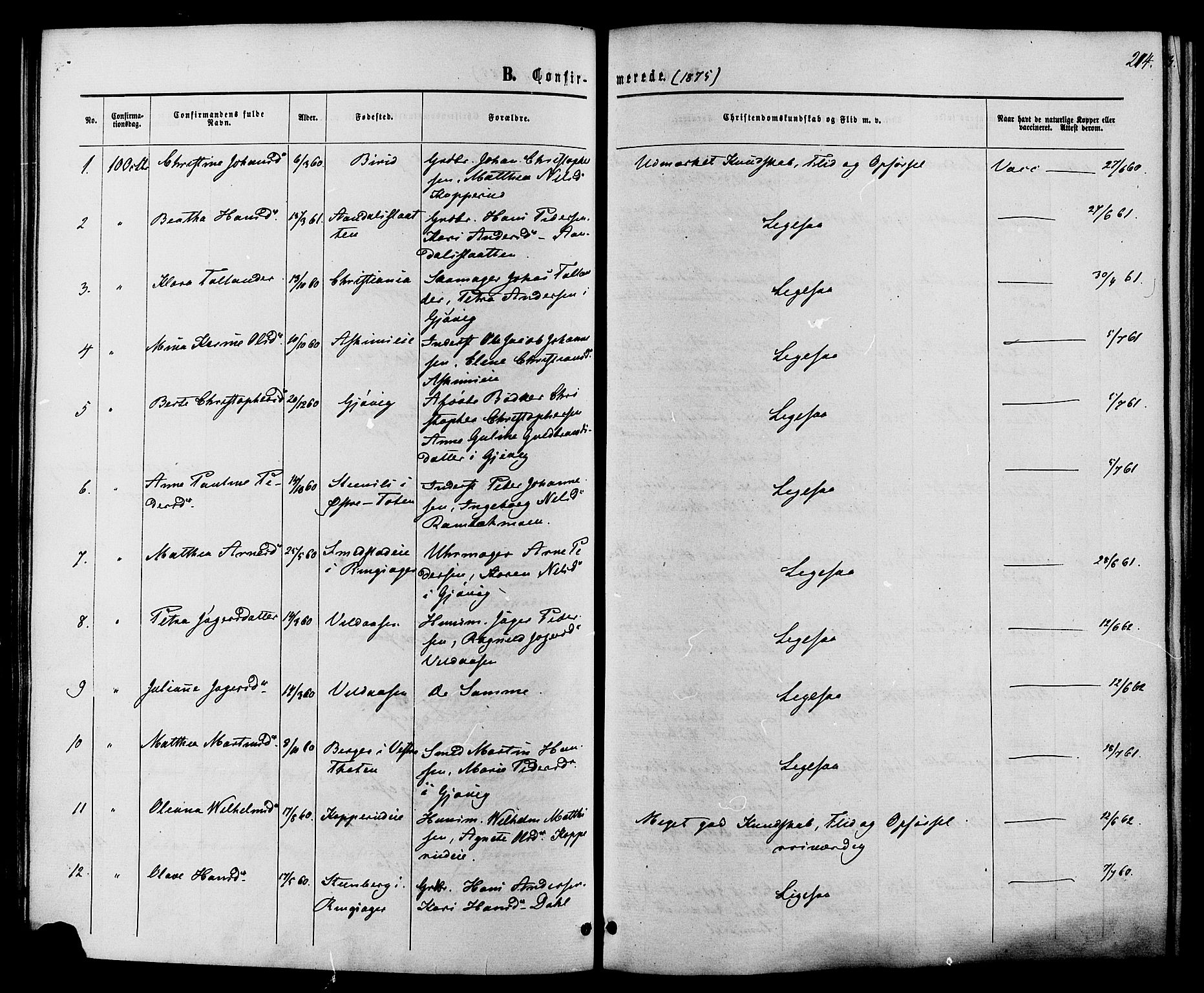 Vardal prestekontor, SAH/PREST-100/H/Ha/Haa/L0007: Parish register (official) no. 7, 1867-1878, p. 214