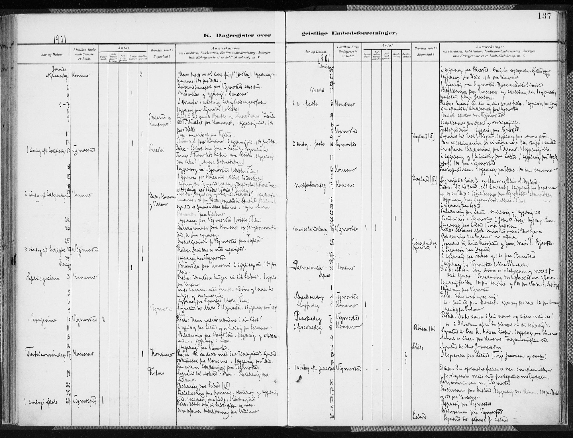 Nord-Audnedal sokneprestkontor, AV/SAK-1111-0032/F/Fa/Fab/L0004: Parish register (official) no. A 4, 1901-1917, p. 137