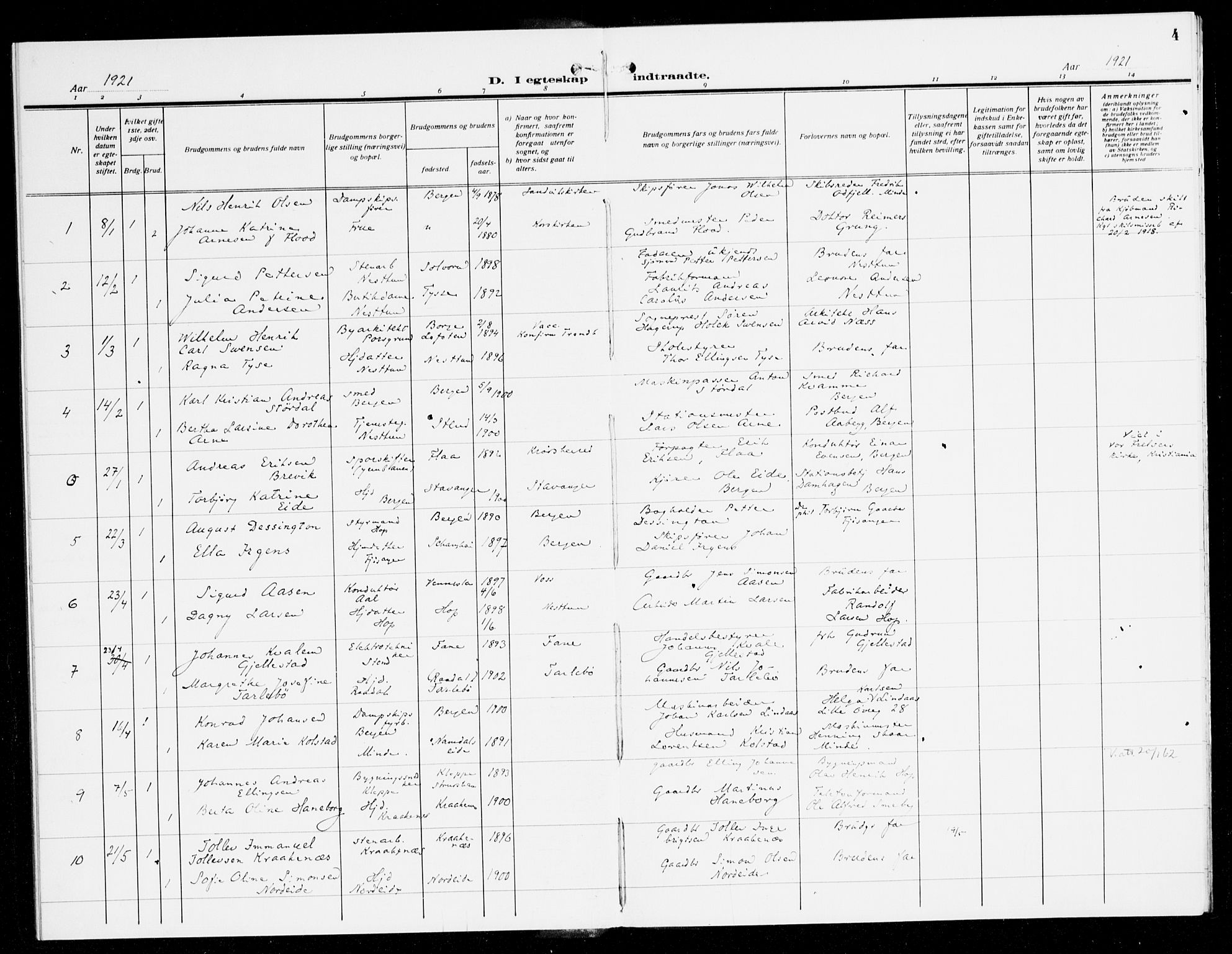 Fana Sokneprestembete, SAB/A-75101/H/Haa/Haak/L0001: Parish register (official) no. K 1, 1920-1931, p. 4