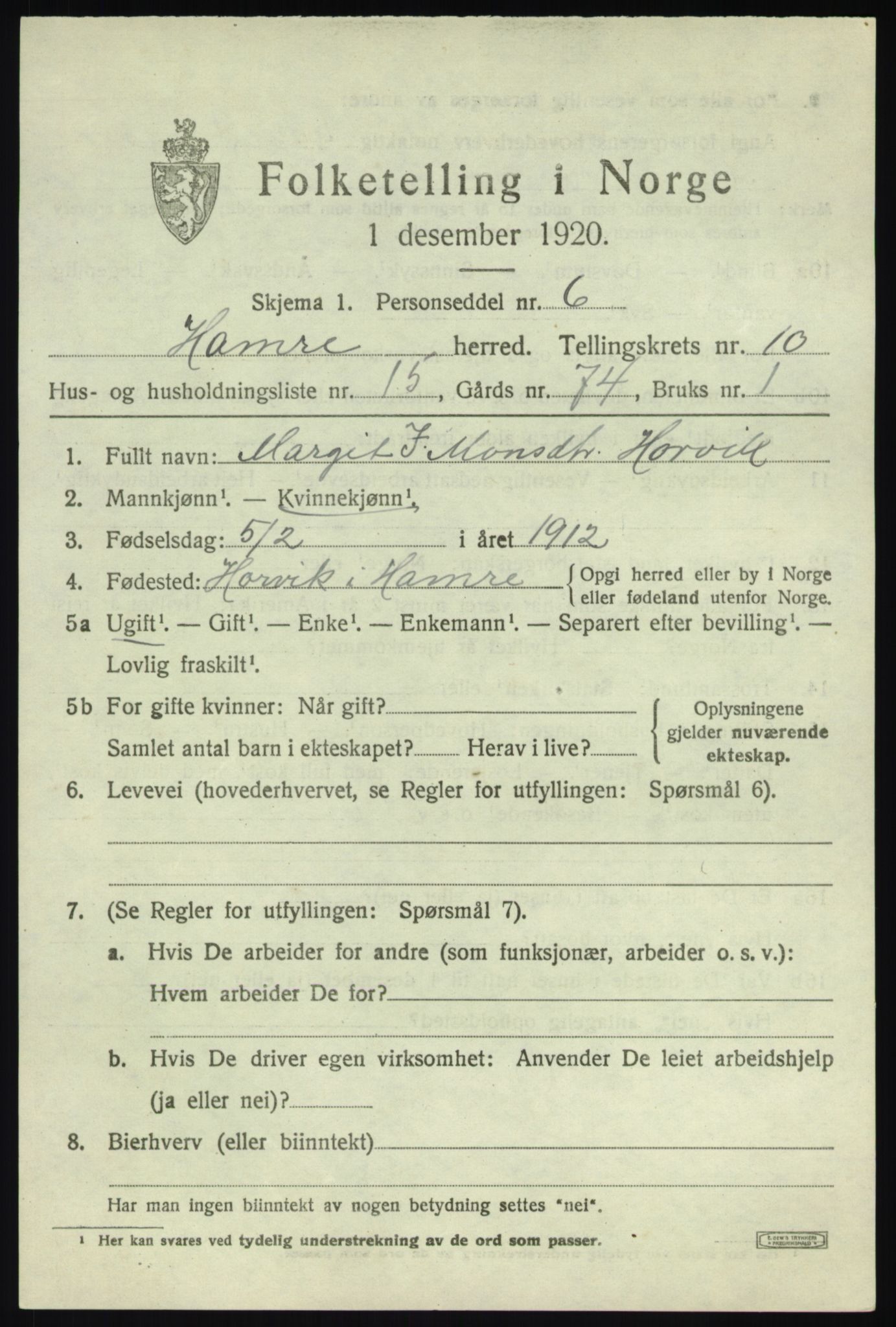 SAB, 1920 census for Hamre, 1920, p. 6079