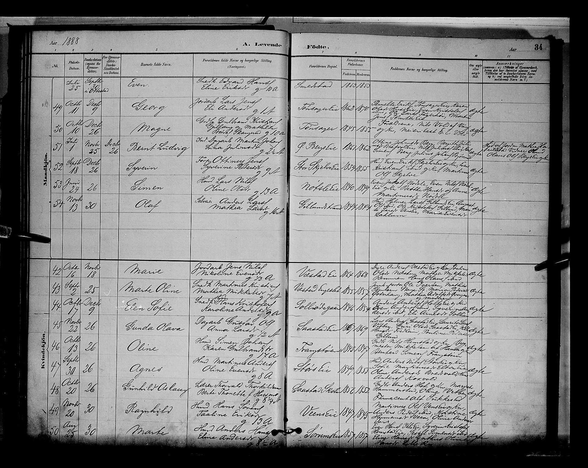 Stange prestekontor, AV/SAH-PREST-002/L/L0009: Parish register (copy) no. 9, 1883-1899, p. 34