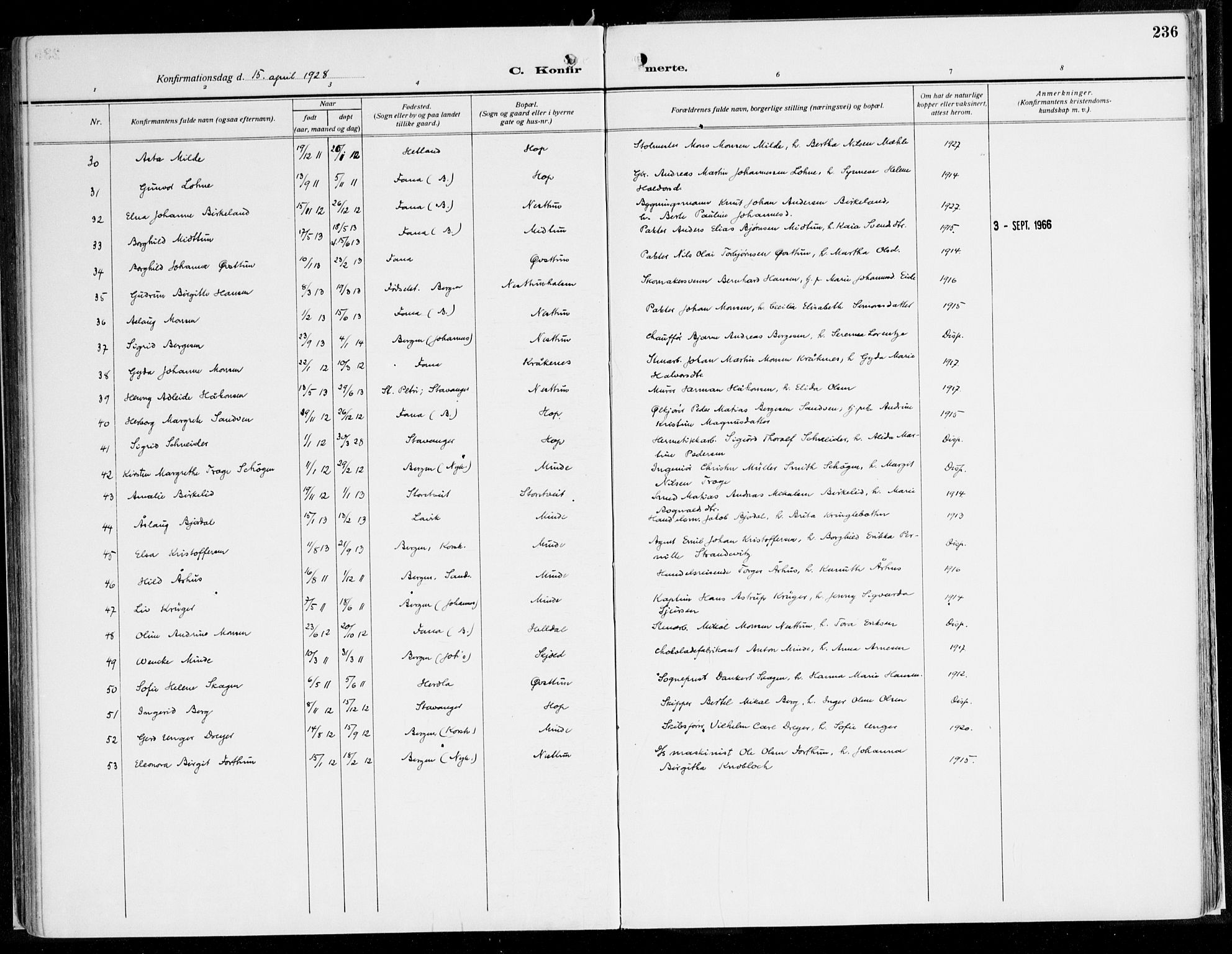 Fana Sokneprestembete, AV/SAB-A-75101/H/Haa/Haaj/L0001: Parish register (official) no. J 1, 1921-1935, p. 236