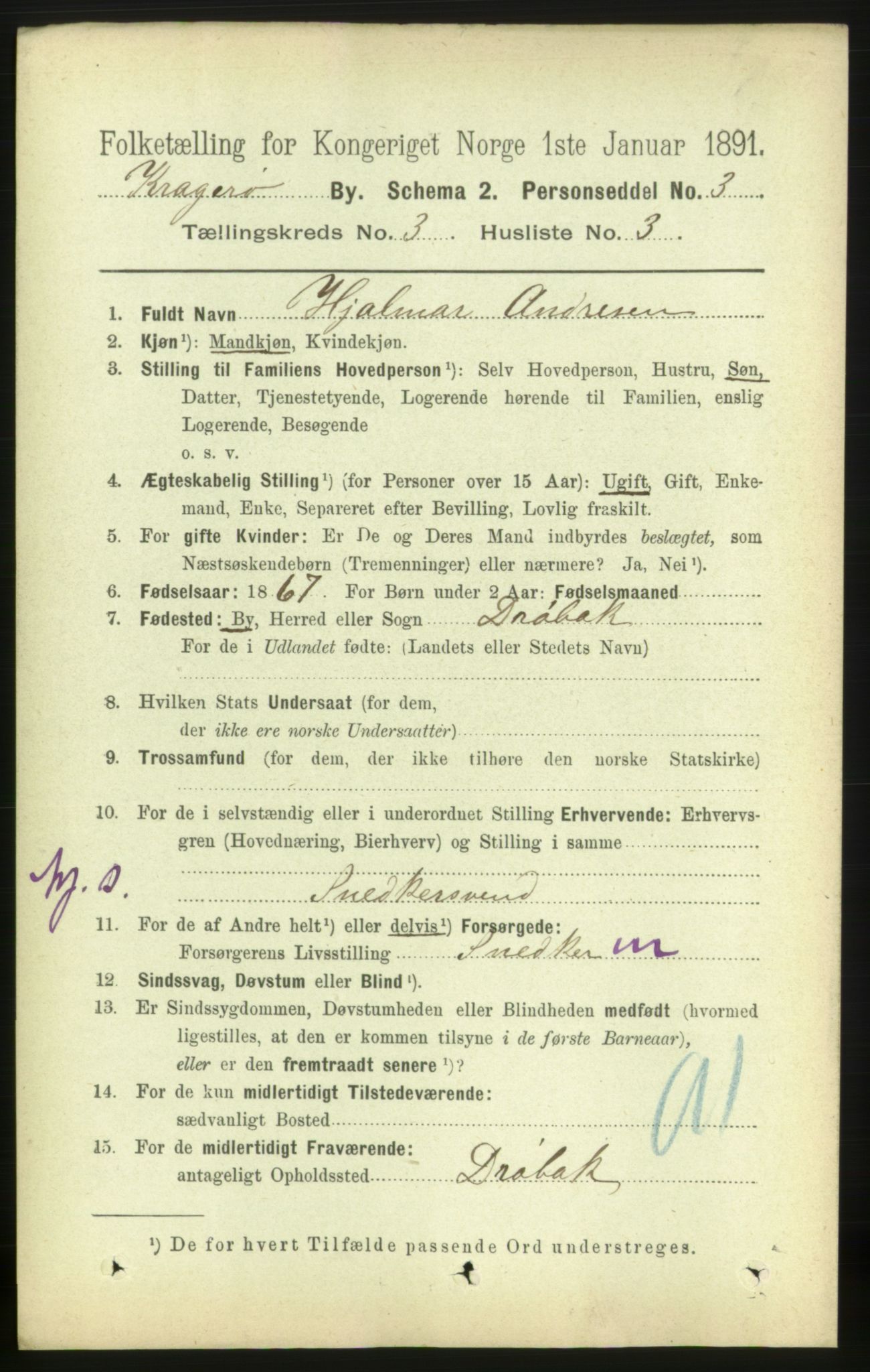 RA, 1891 census for 0801 Kragerø, 1891, p. 2676