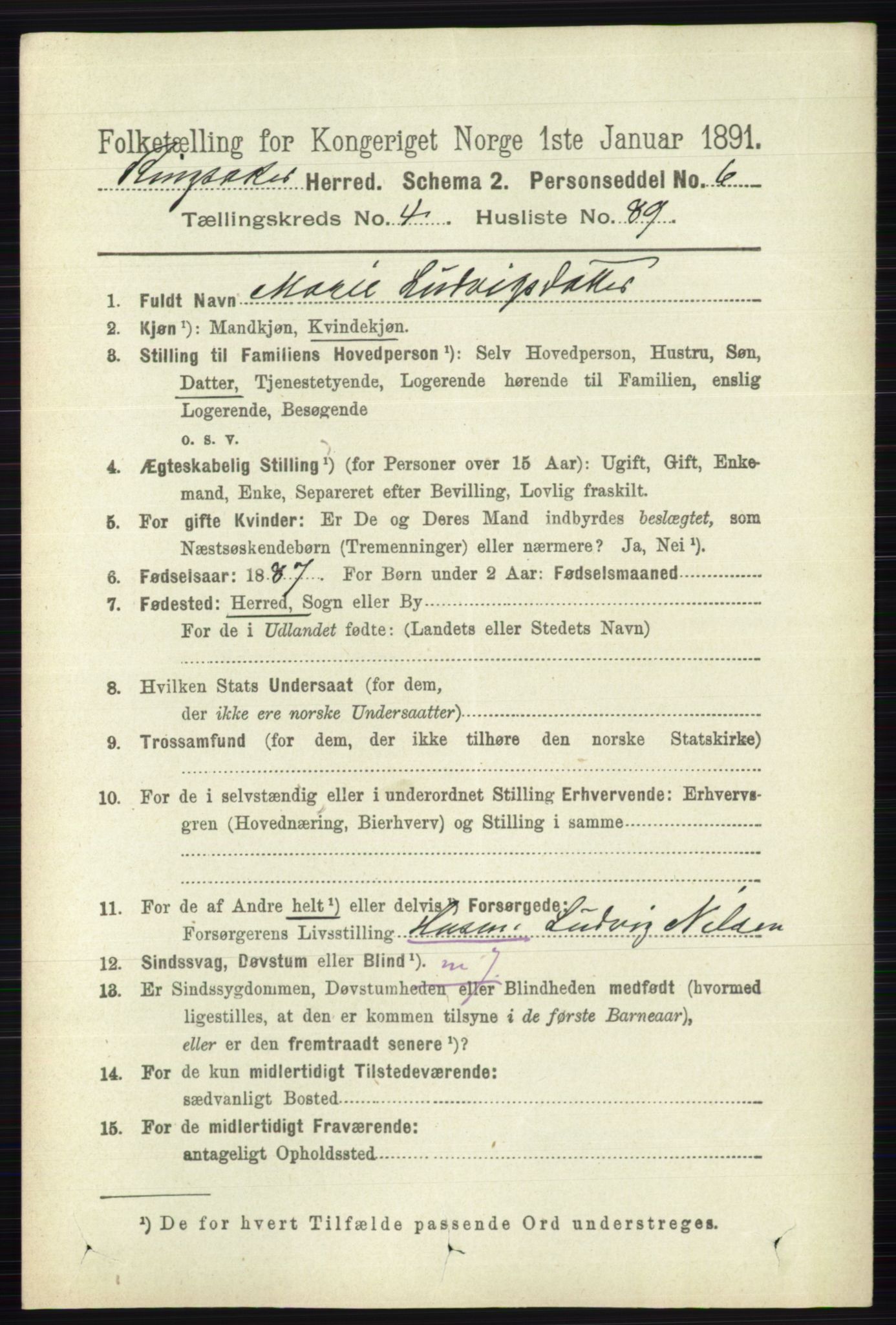 RA, 1891 census for 0412 Ringsaker, 1891, p. 2289