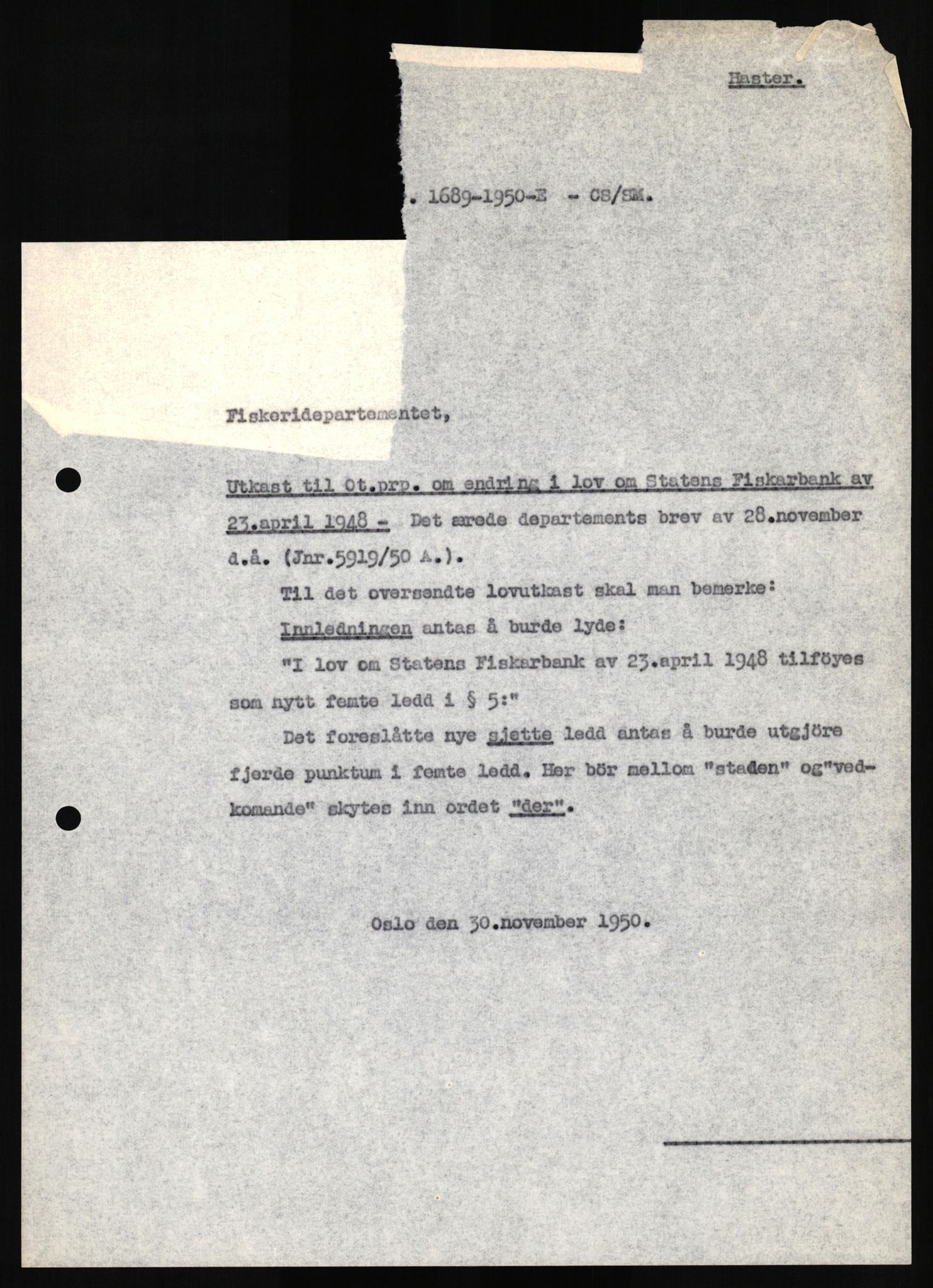 Justisdepartementet, Lovavdelingen, AV/RA-S-3212/D/Dh/L0284/0001: Lover / Uttalelser om lovutkast: Jnr. 455 - 1757. 3 mapper, 1950, p. 713