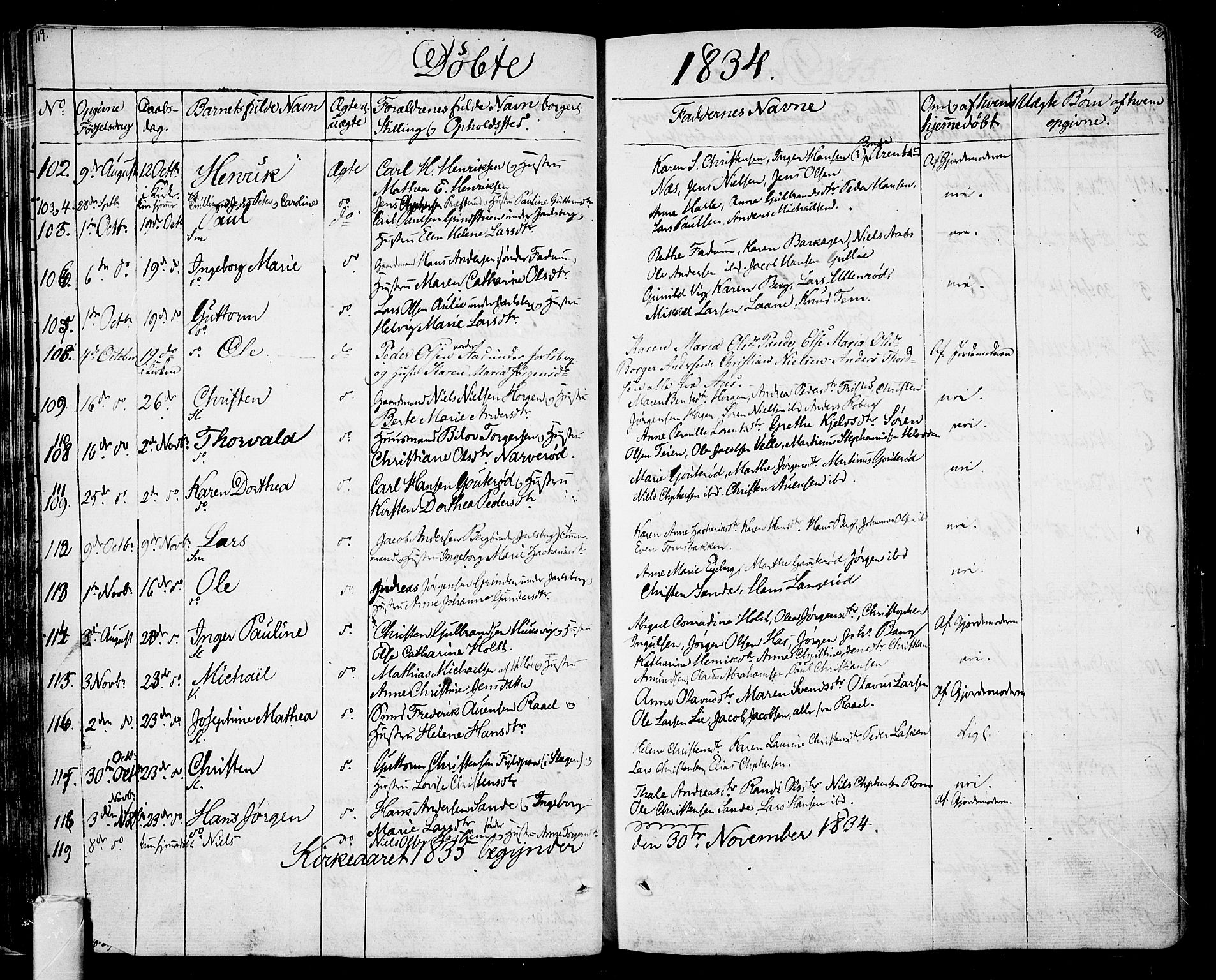 Sem kirkebøker, AV/SAKO-A-5/F/Fa/L0005: Parish register (official) no. I 5, 1825-1842, p. 119-120