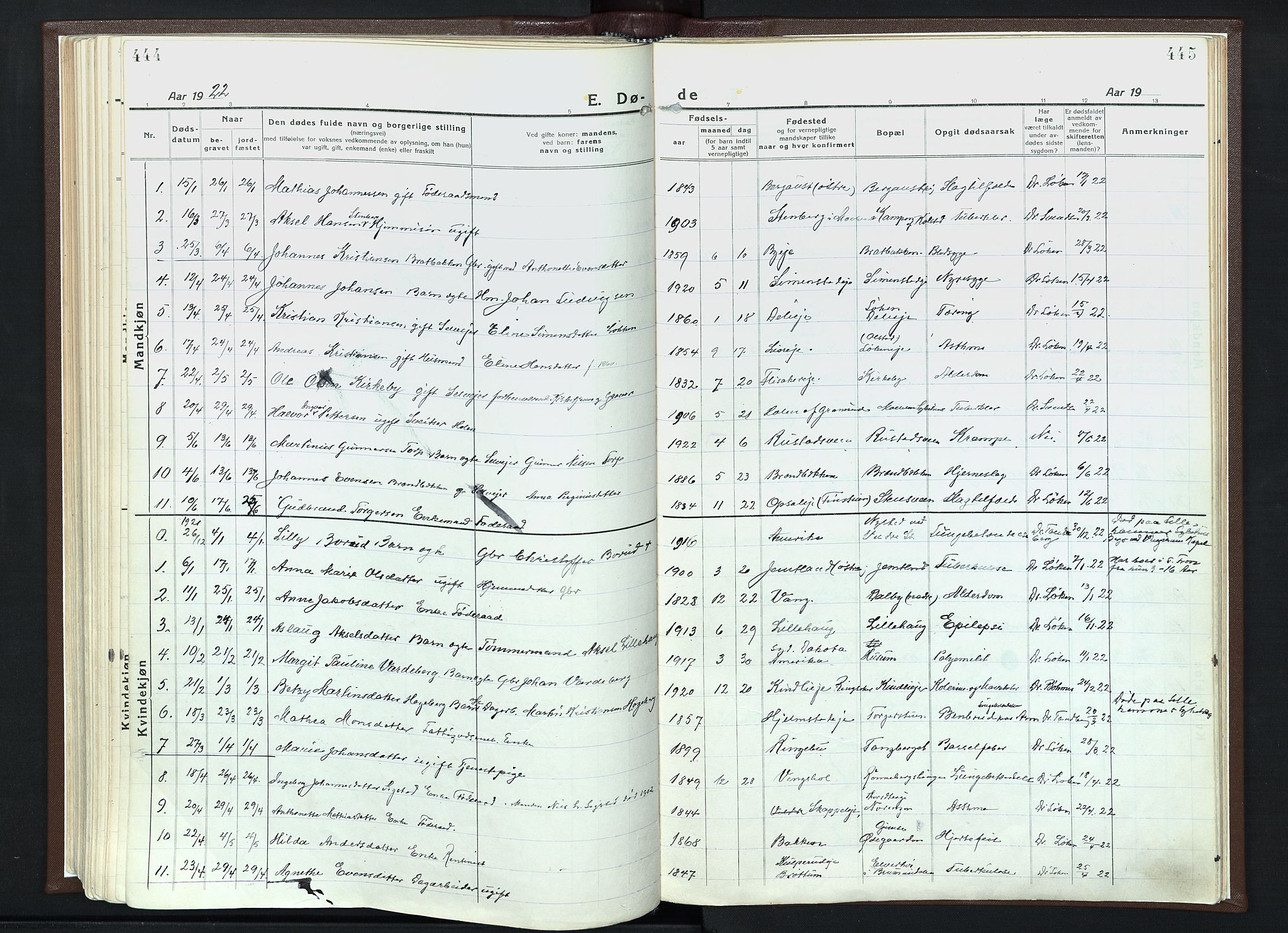 Veldre prestekontor, SAH/PREST-018/K/Ka/L0001: Parish register (official) no. 1, 1921-1934, p. 444-445
