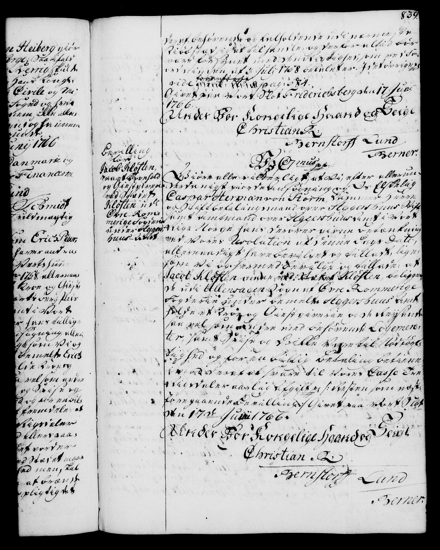 Rentekammeret, Kammerkanselliet, RA/EA-3111/G/Gg/Gga/L0007: Norsk ekspedisjonsprotokoll med register (merket RK 53.7), 1759-1768, p. 839