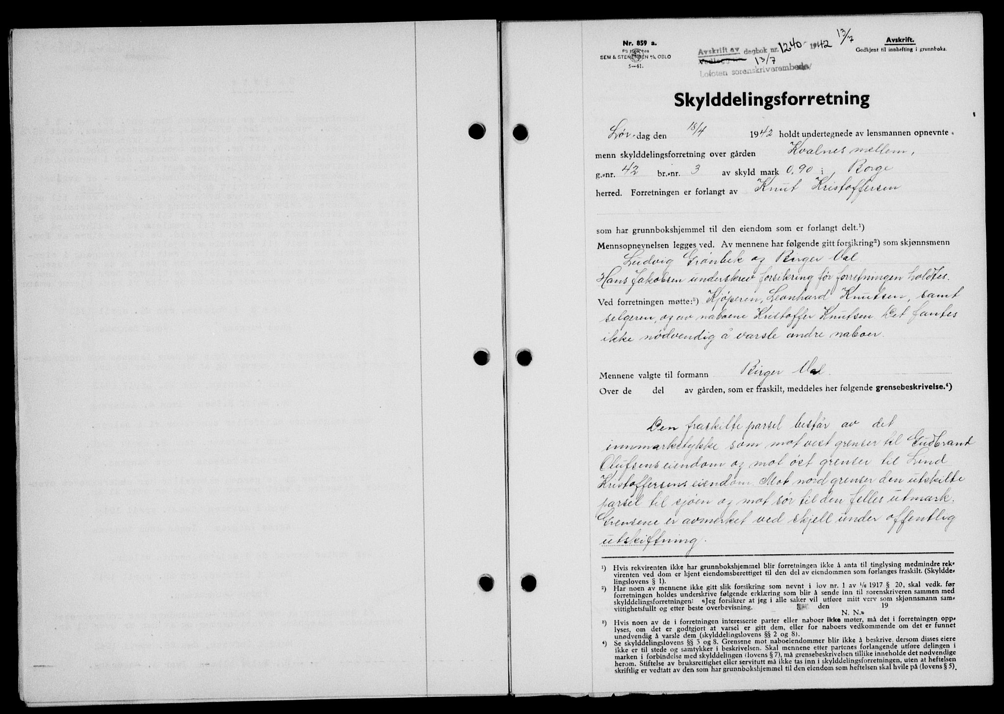 Lofoten sorenskriveri, SAT/A-0017/1/2/2C/L0010a: Mortgage book no. 10a, 1942-1943, Diary no: : 1240/1942