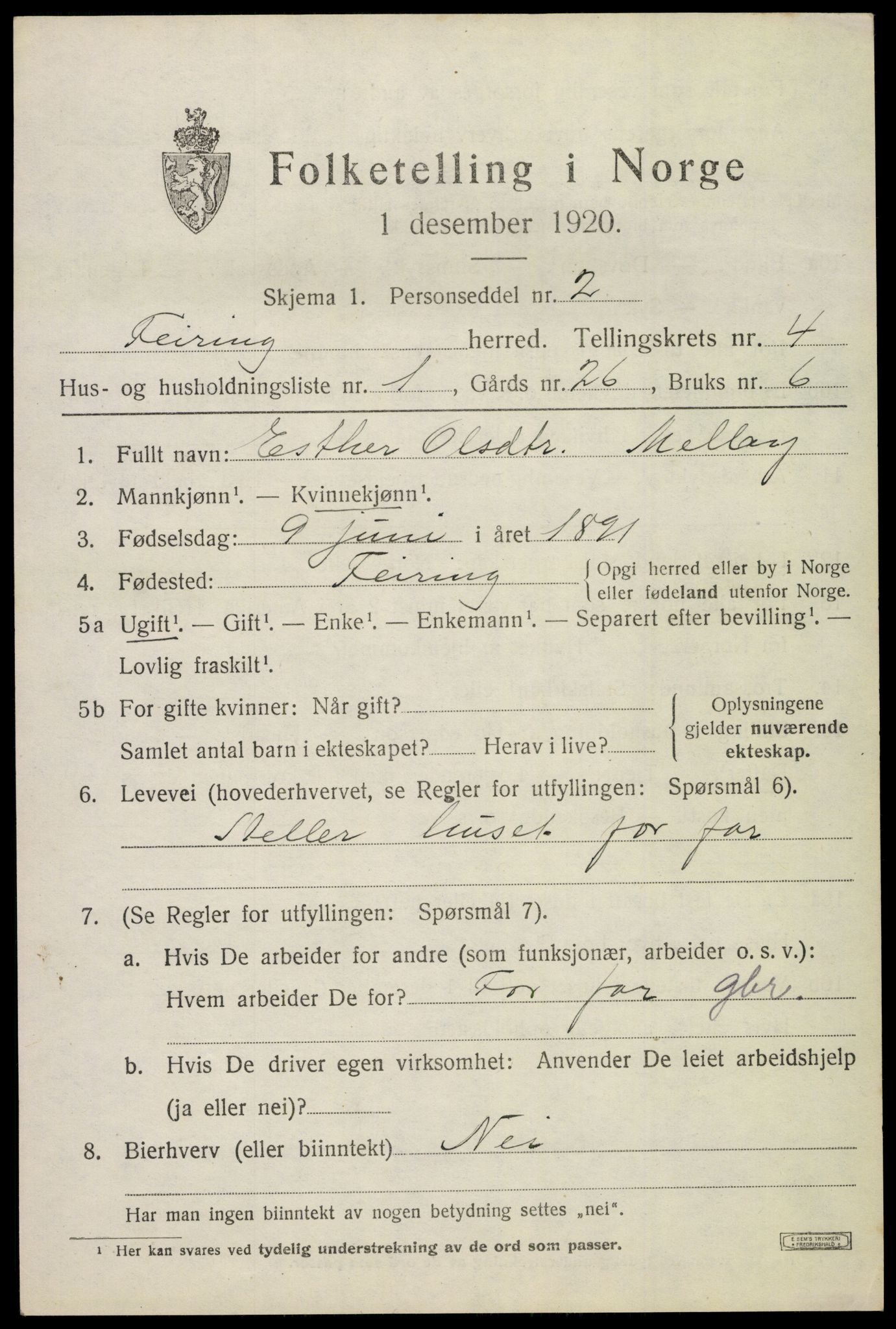 SAO, 1920 census for Feiring, 1920, p. 2184