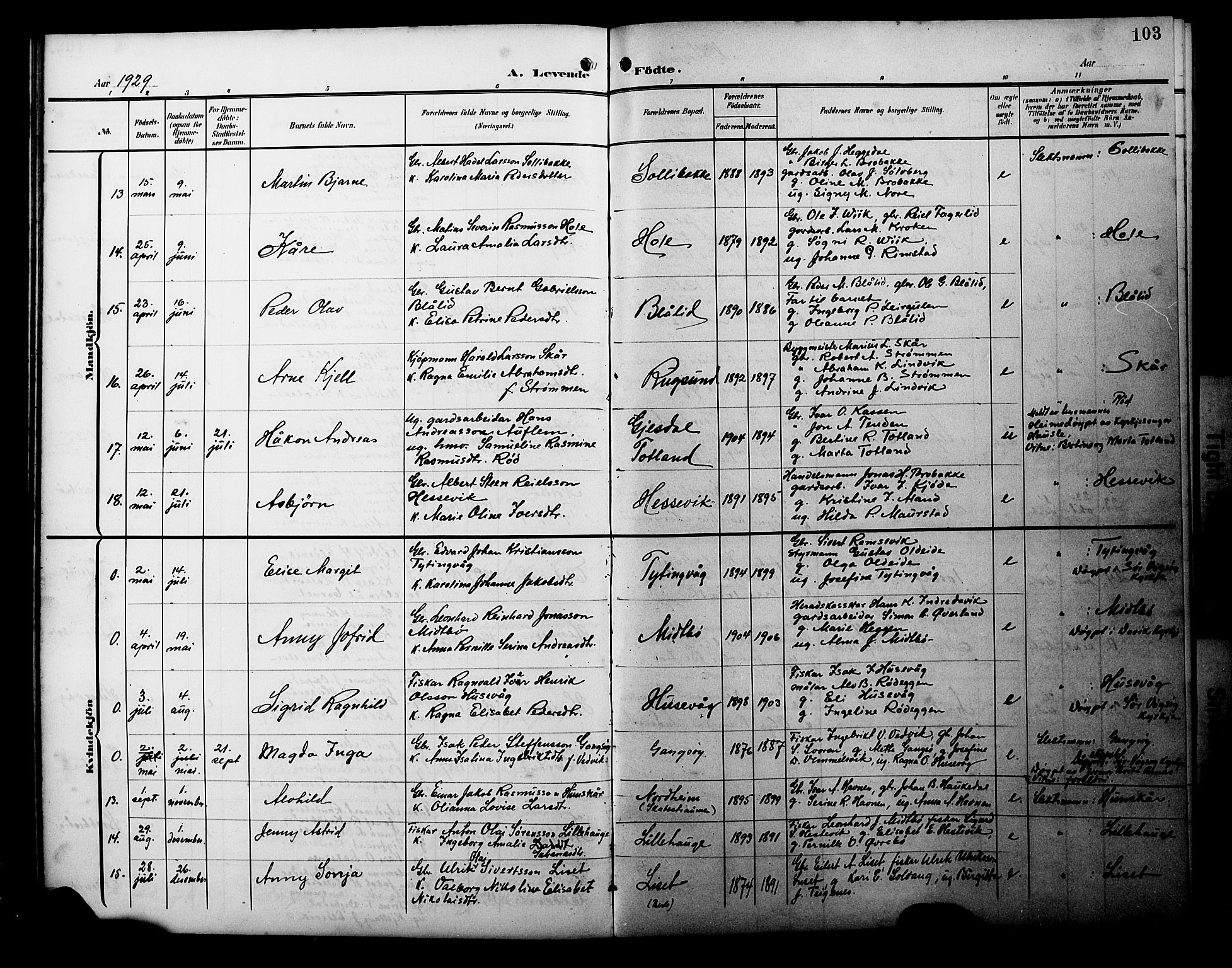 Davik sokneprestembete, AV/SAB-A-79701/H/Hab/Habc/L0003: Parish register (copy) no. C 3, 1907-1929, p. 103