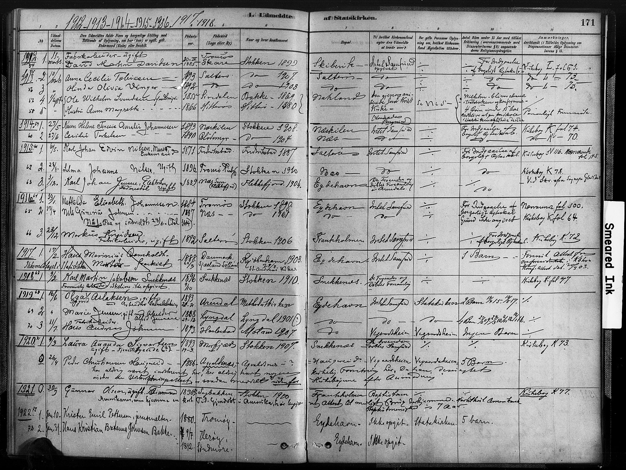 Austre Moland sokneprestkontor, SAK/1111-0001/F/Fa/Fab/L0001: Parish register (official) no. A 1, 1878-1898, p. 171