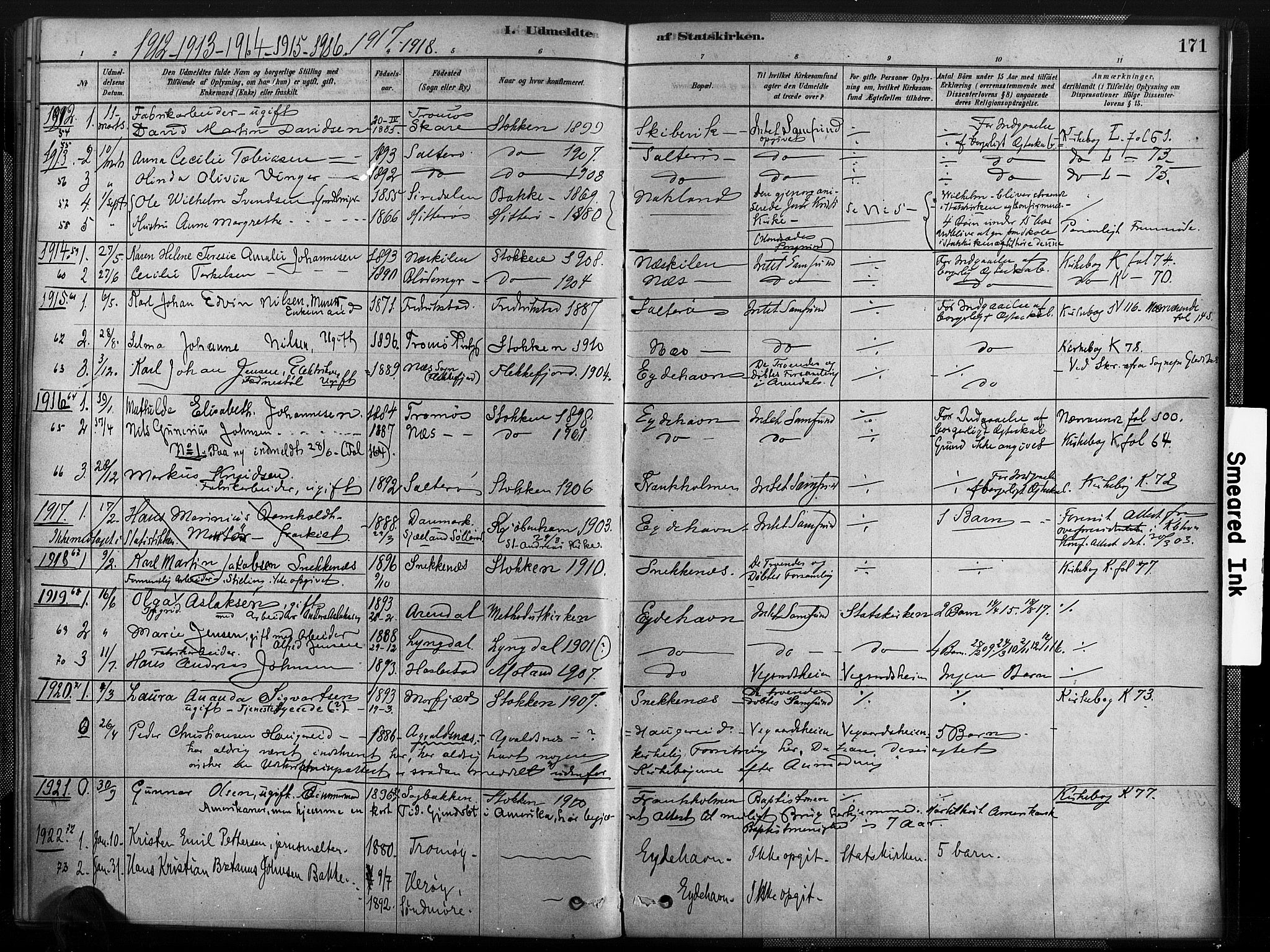 Austre Moland sokneprestkontor, AV/SAK-1111-0001/F/Fa/Fab/L0001: Parish register (official) no. A 1, 1878-1898, p. 171