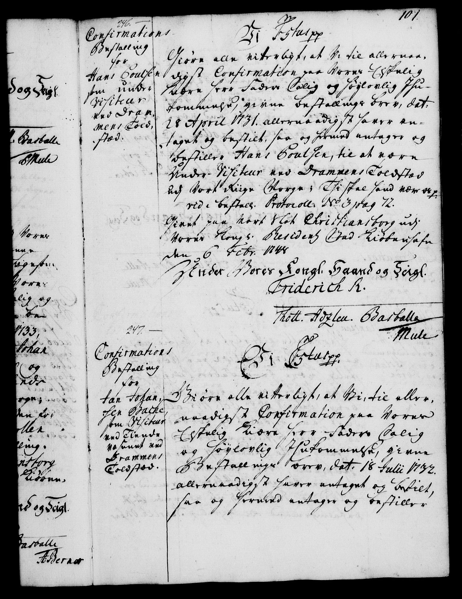 Rentekammeret, Kammerkanselliet, RA/EA-3111/G/Gg/Ggg/L0002: Norsk konfirmasjonsbestallingsprotokoll med register (merket RK 53.32), 1746-1748, p. 101