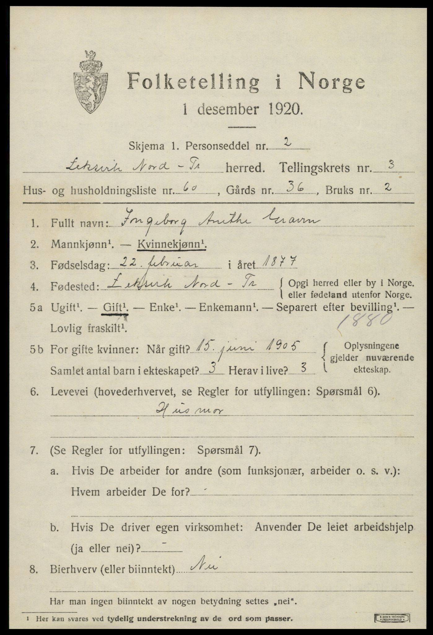 SAT, 1920 census for Leksvik, 1920, p. 3490