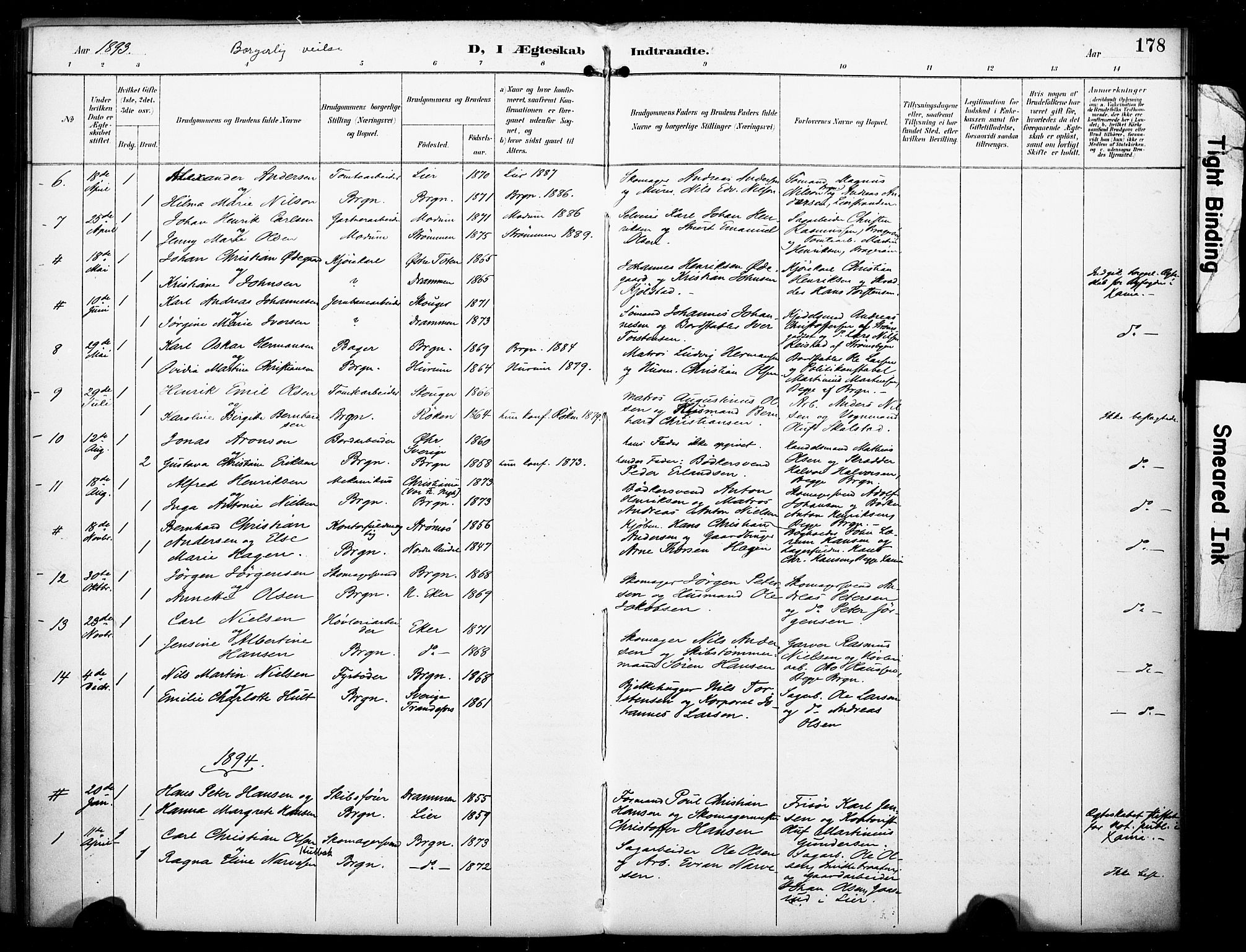 Bragernes kirkebøker, AV/SAKO-A-6/F/Fc/L0006: Parish register (official) no. III 6, 1888-1899, p. 178