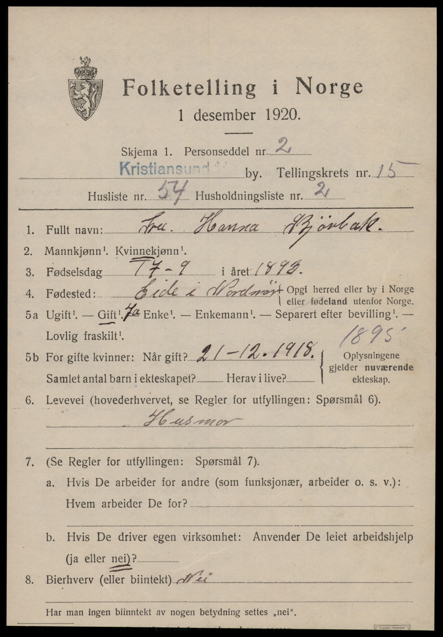 SAT, 1920 census for Kristiansund, 1920, p. 31991