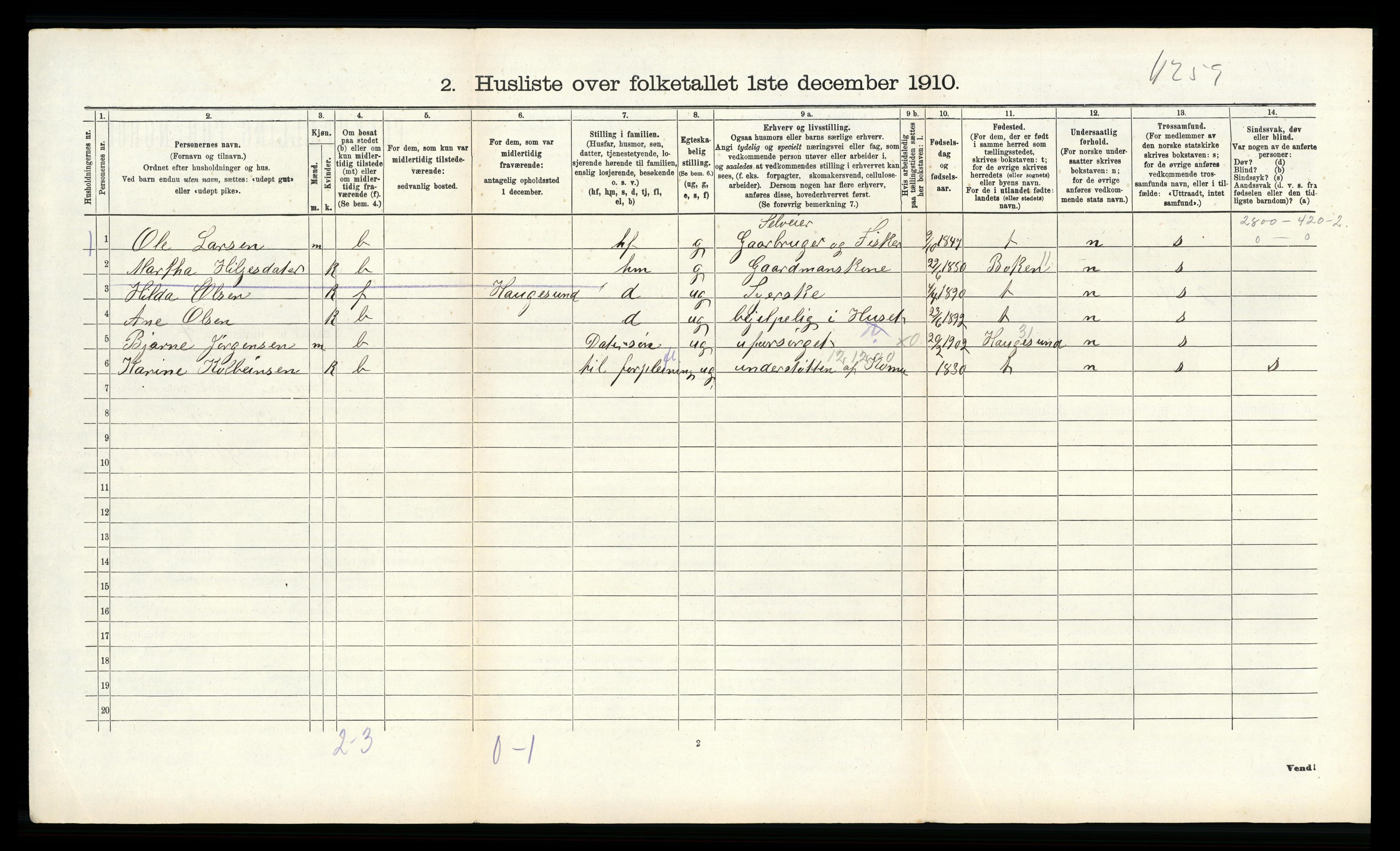 RA, 1910 census for Avaldsnes, 1910, p. 594