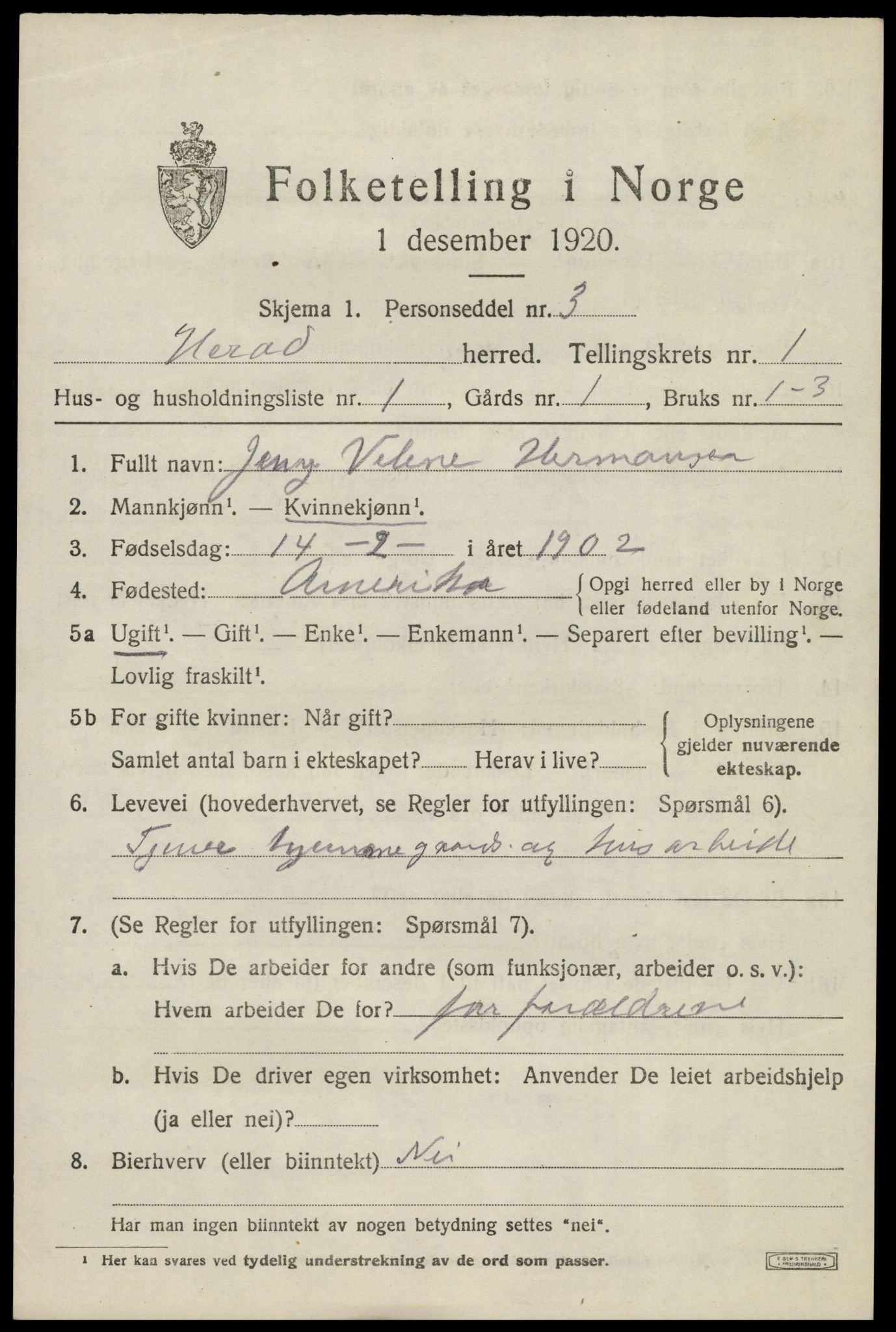 SAK, 1920 census for Herad, 1920, p. 430