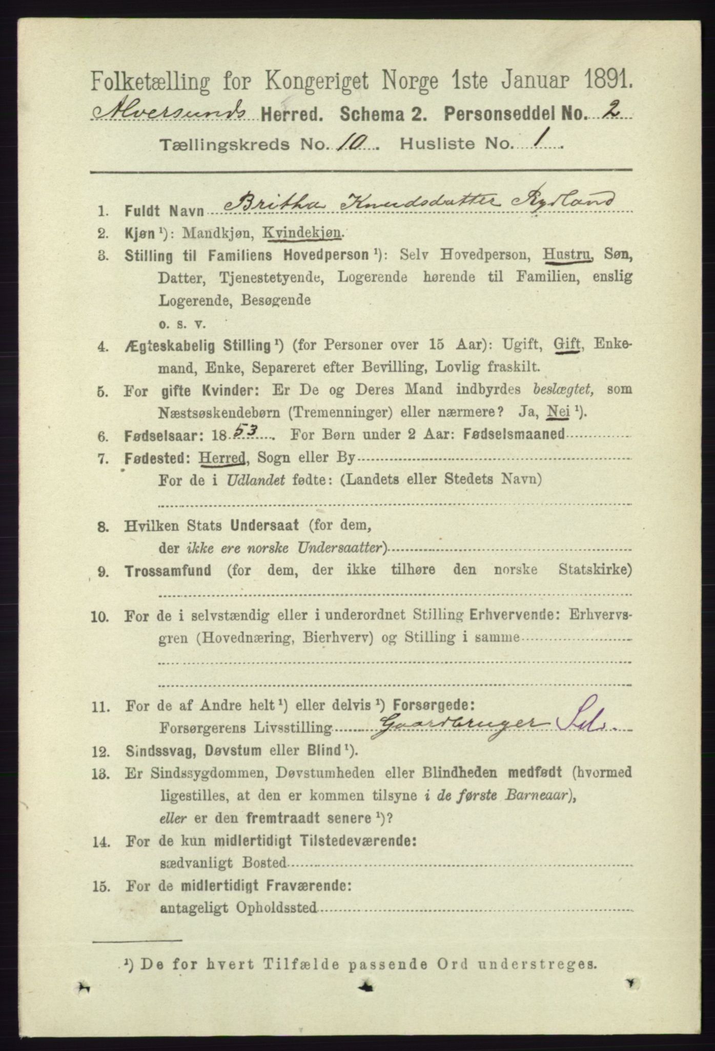 RA, 1891 census for 1257 Alversund, 1891, p. 3463