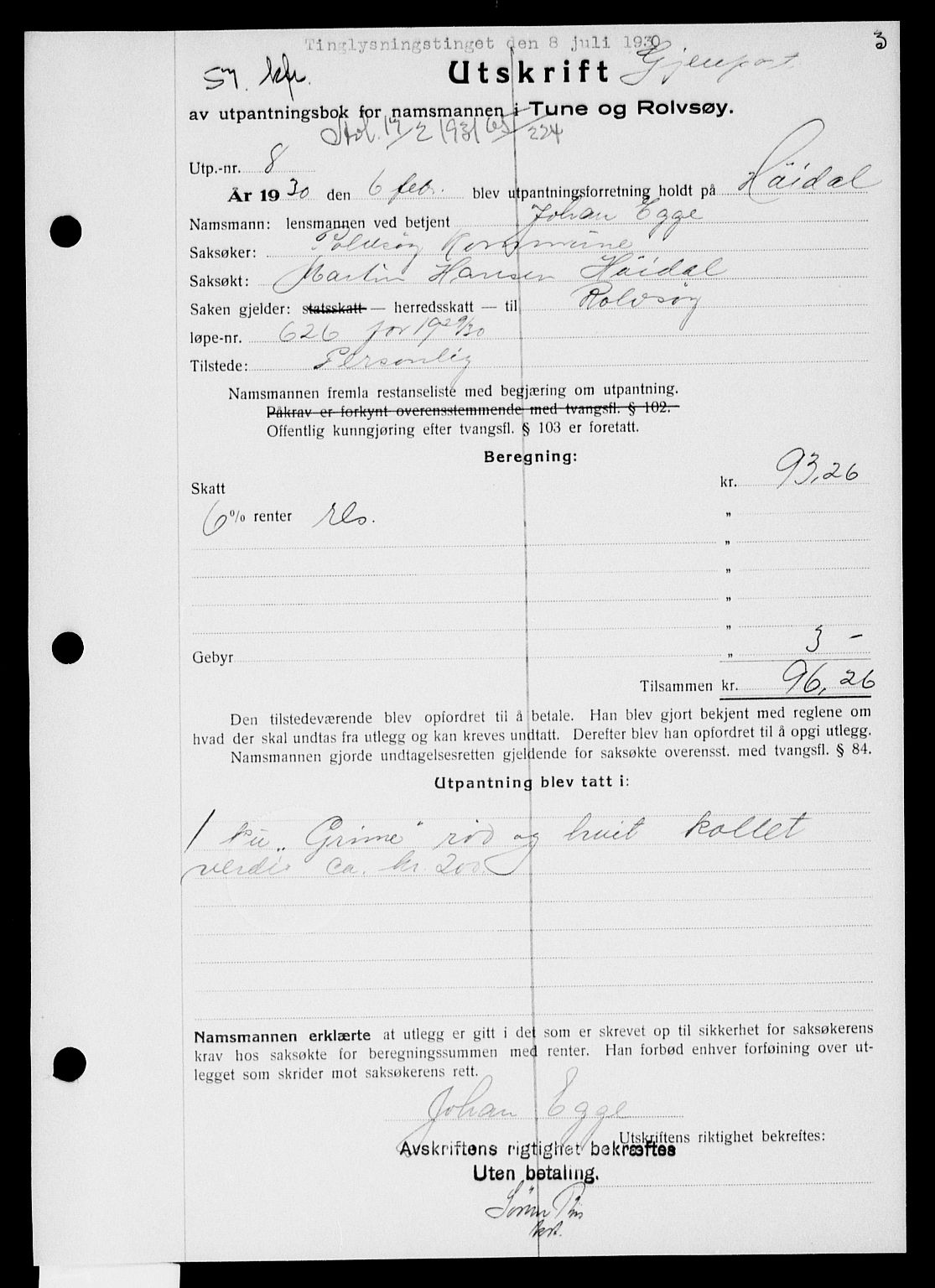 Onsøy sorenskriveri, SAO/A-10474/G/Ga/Gaa/L0064: Mortgage book no. I 64, 1930-1930, p. 3