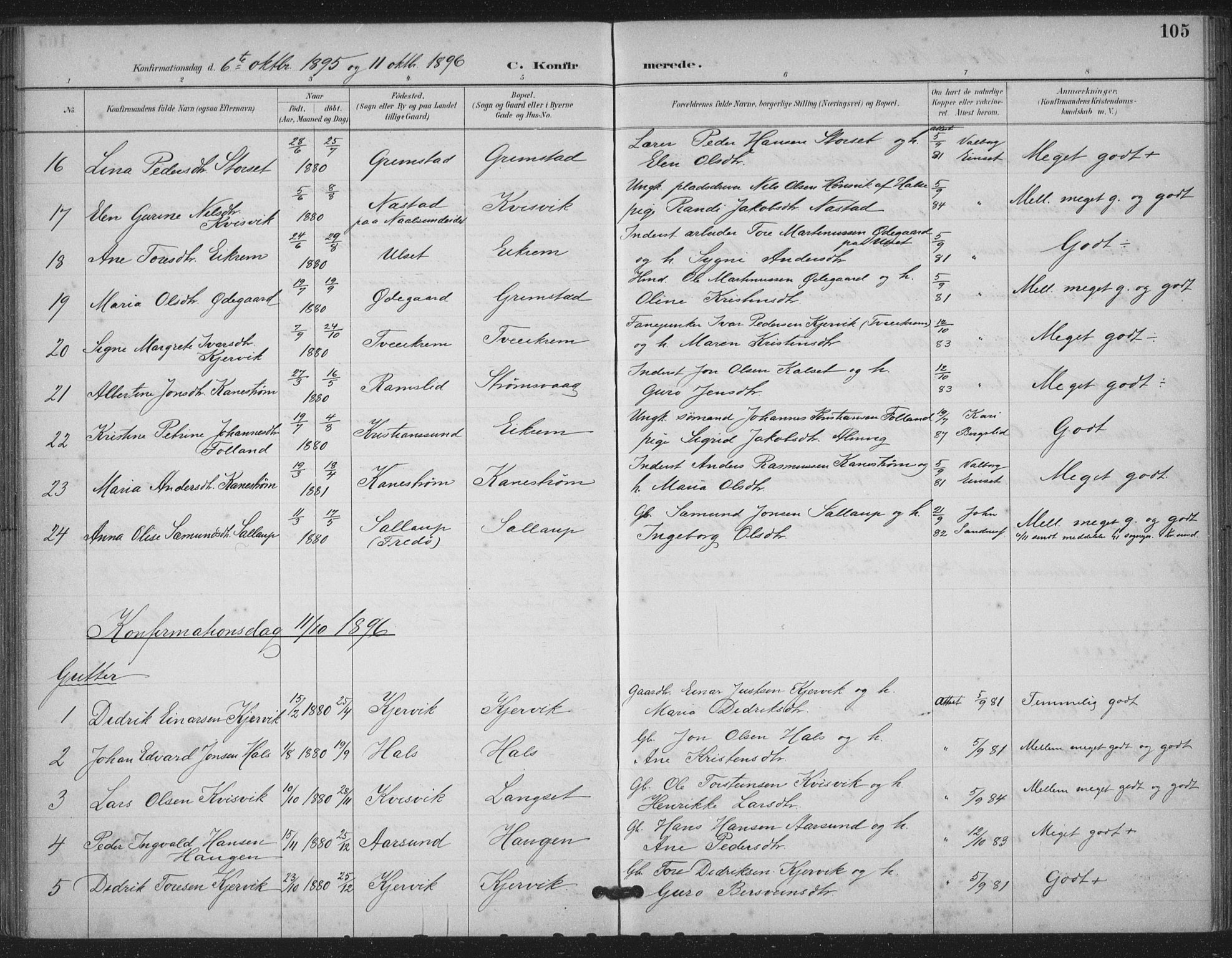 Ministerialprotokoller, klokkerbøker og fødselsregistre - Møre og Romsdal, AV/SAT-A-1454/587/L1000: Parish register (official) no. 587A02, 1887-1910, p. 105