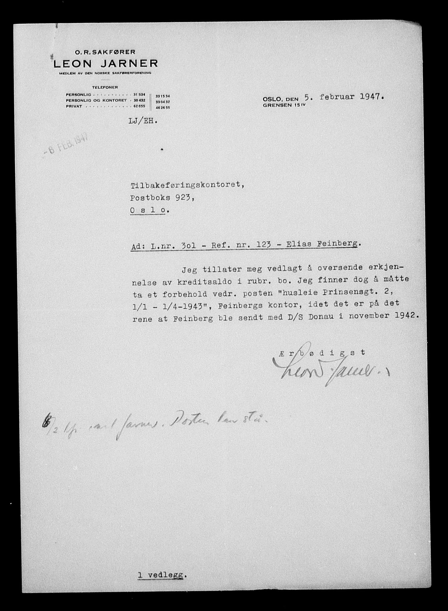 Justisdepartementet, Tilbakeføringskontoret for inndratte formuer, AV/RA-S-1564/H/Hc/Hcc/L0934: --, 1945-1947, p. 167