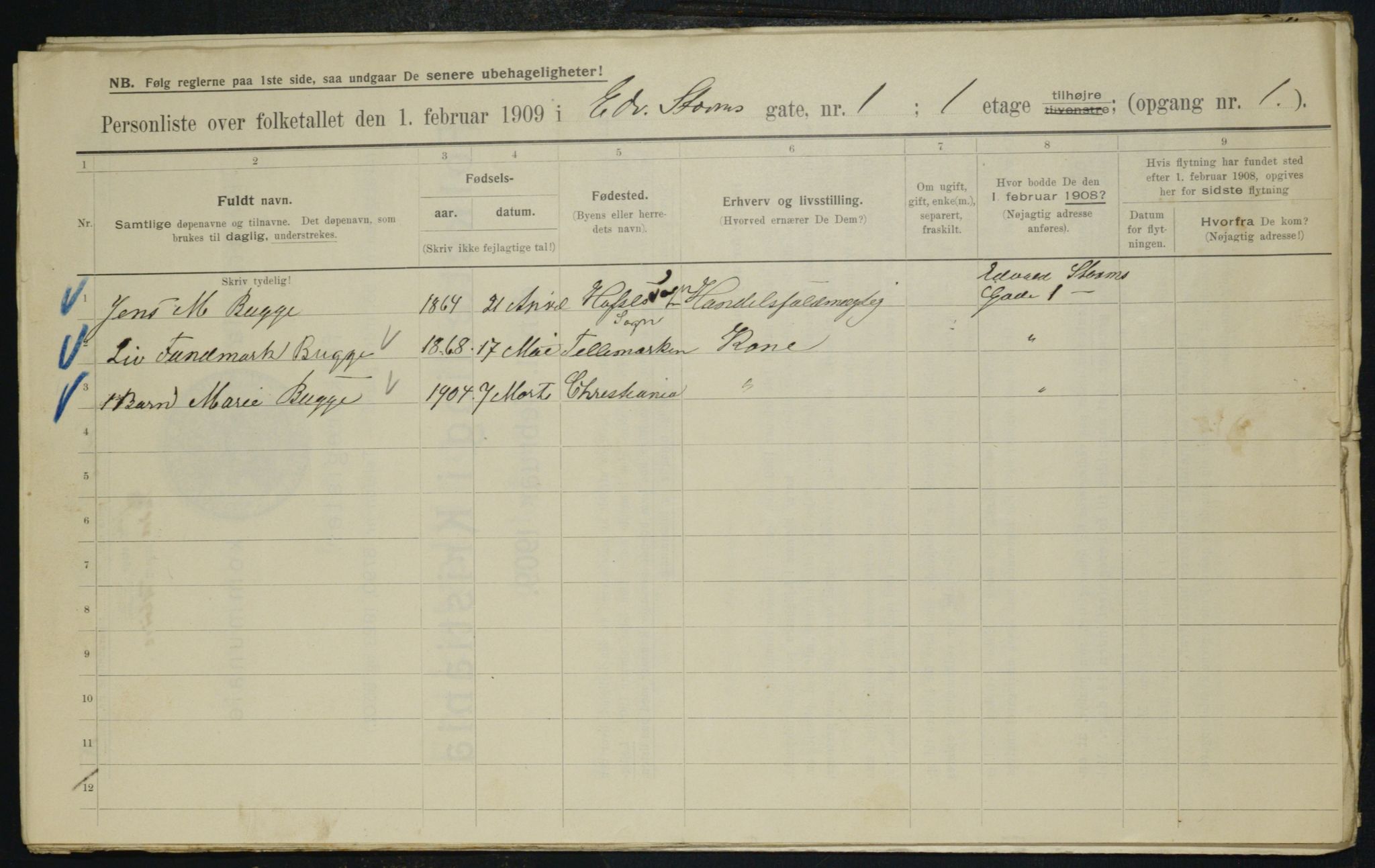 OBA, Municipal Census 1909 for Kristiania, 1909, p. 17062