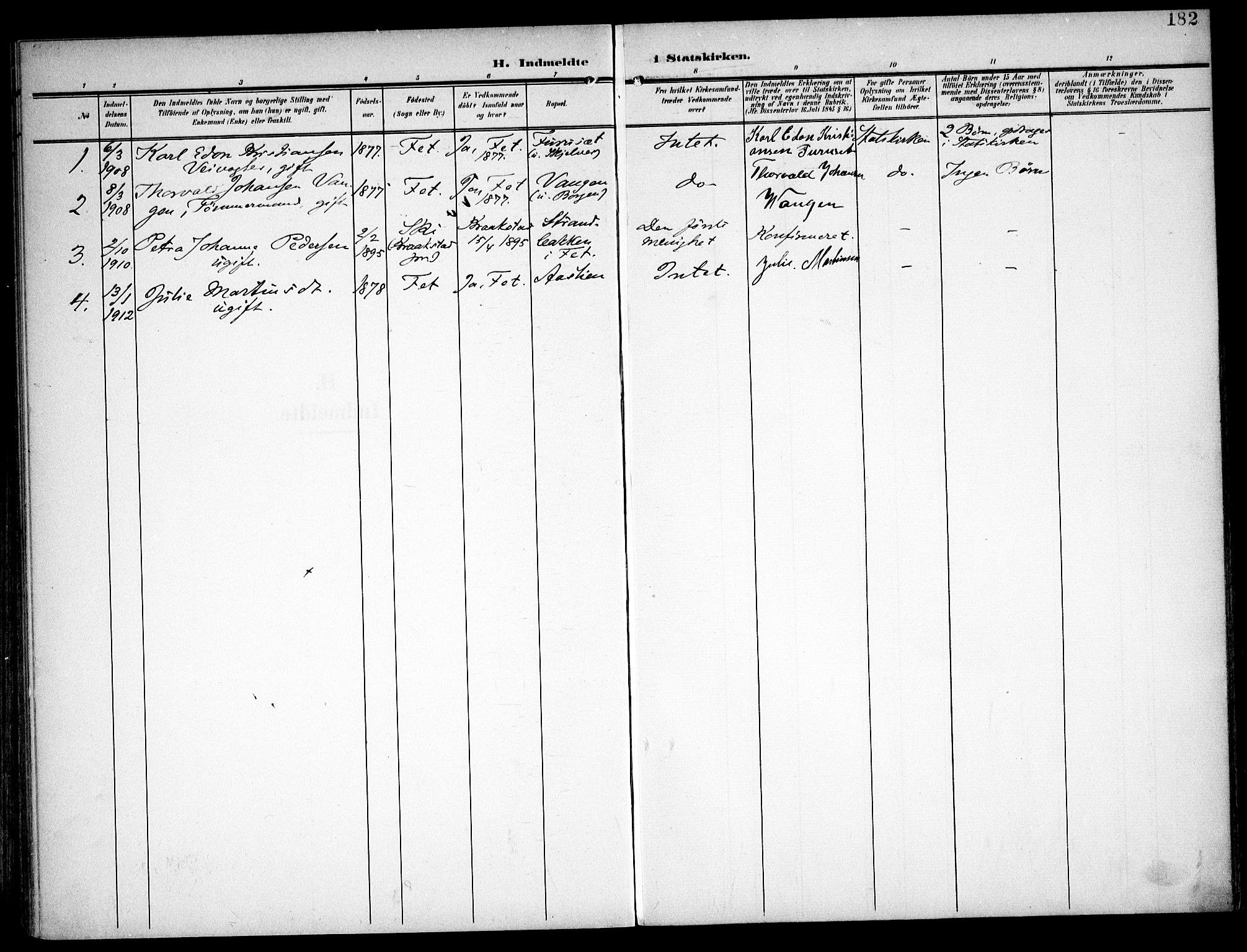 Fet prestekontor Kirkebøker, AV/SAO-A-10370a/F/Fa/L0016: Parish register (official) no. I 16, 1905-1914, p. 182