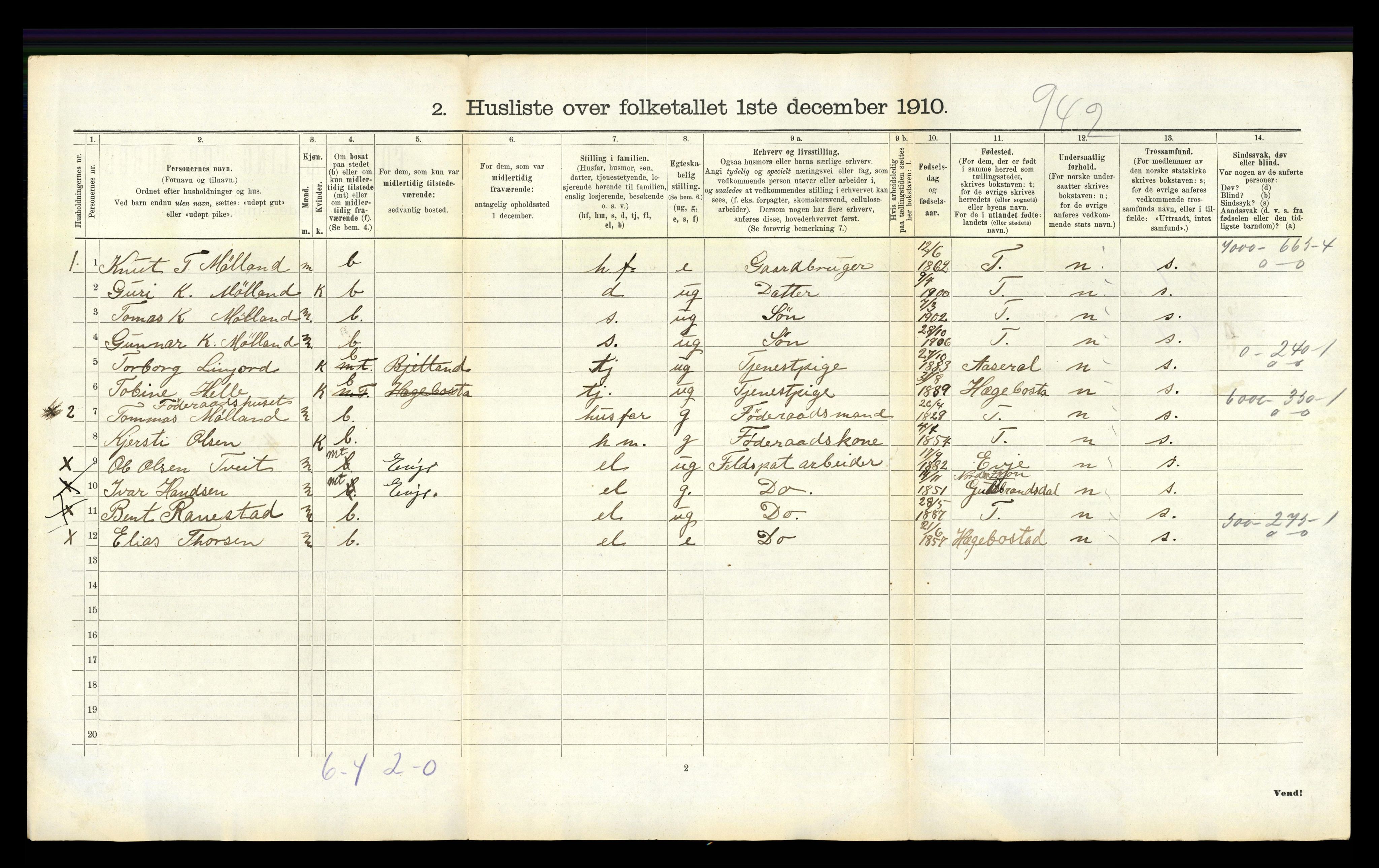 RA, 1910 census for Iveland, 1910, p. 312