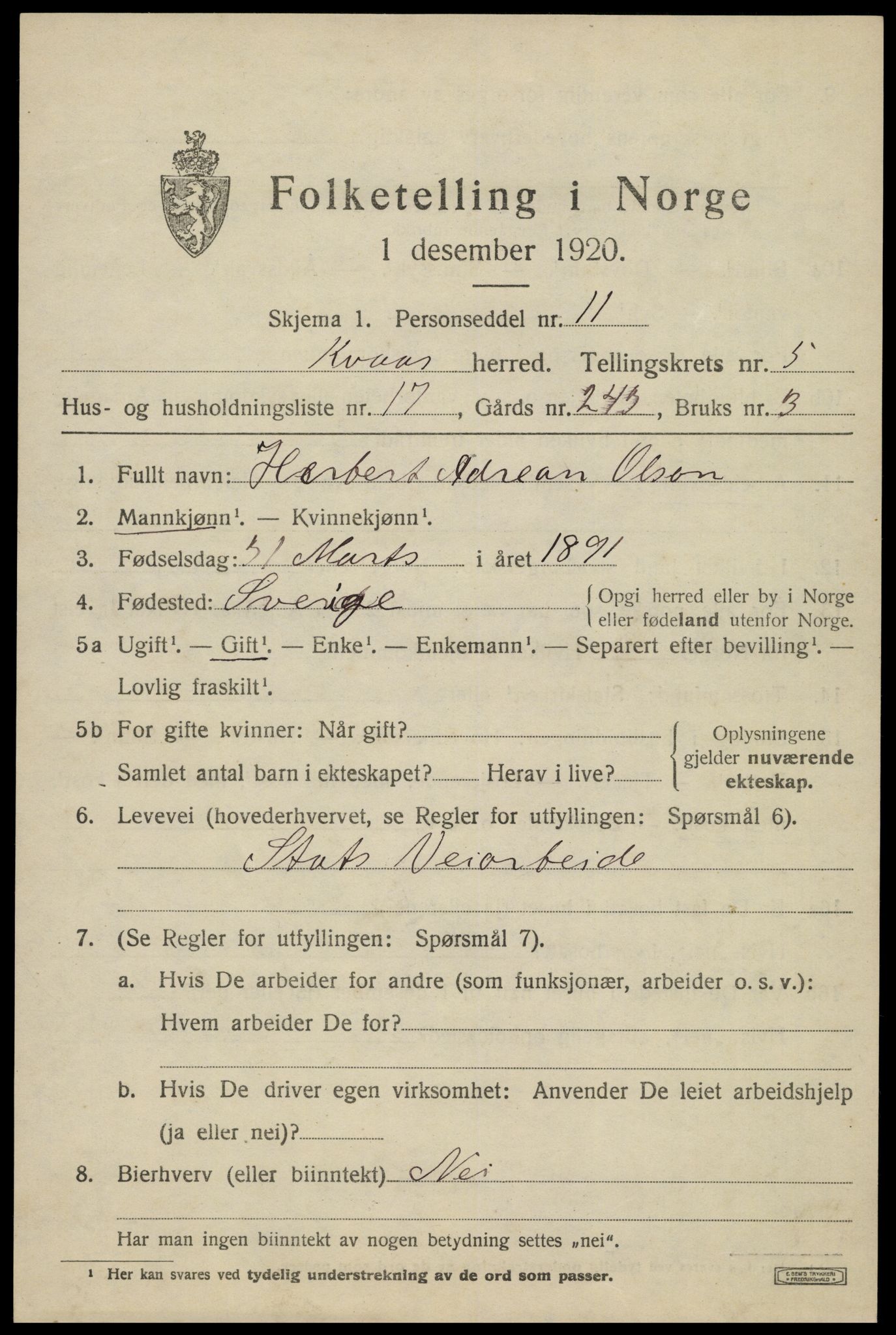 SAK, 1920 census for Kvås, 1920, p. 1492