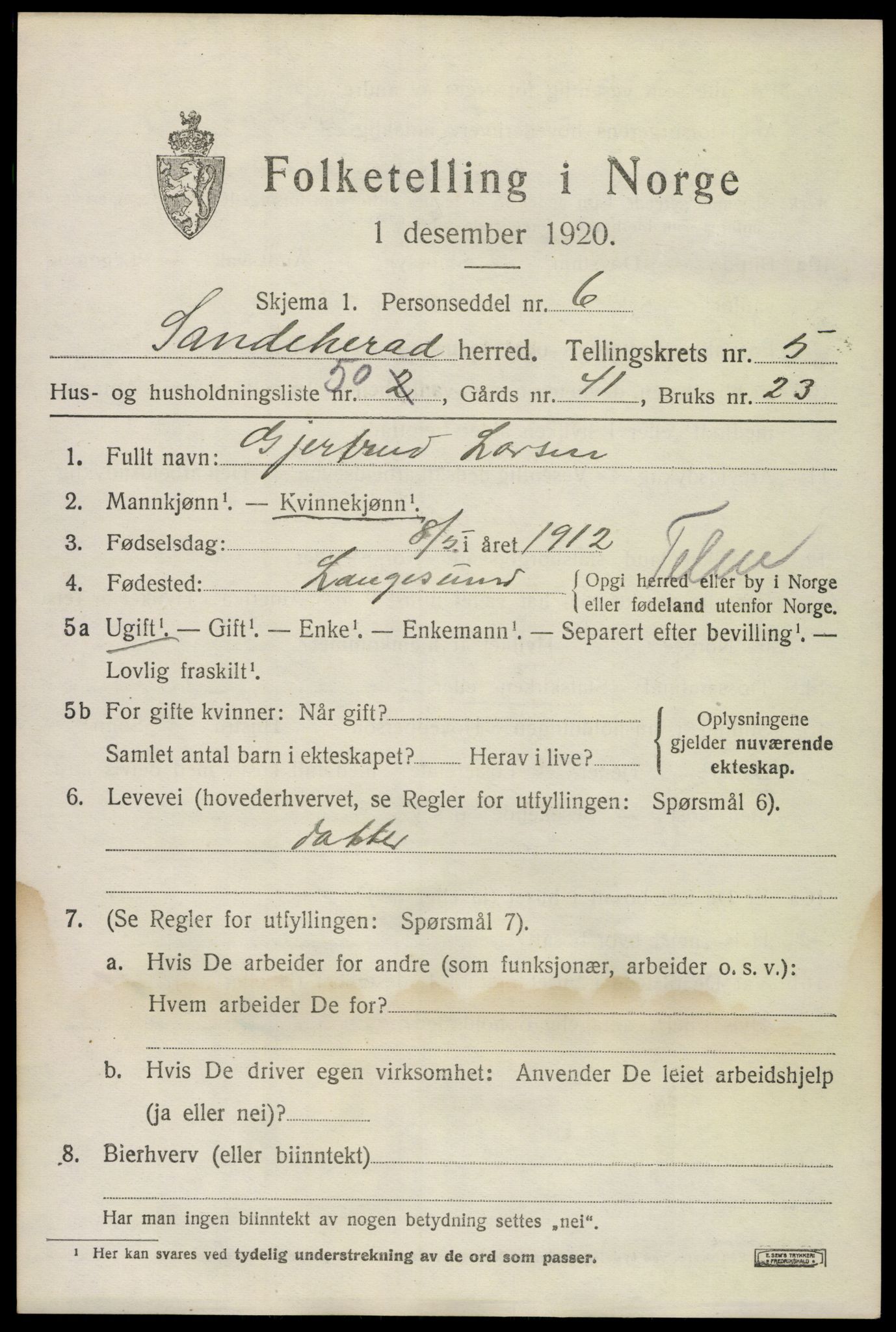 SAKO, 1920 census for Sandeherred, 1920, p. 8654