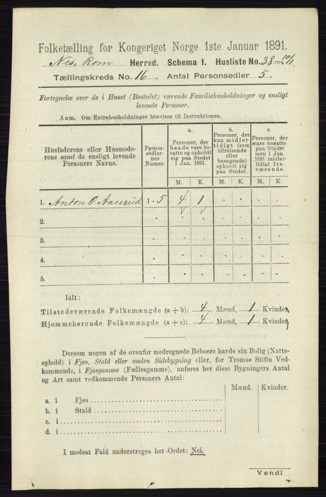 RA, 1891 census for 0236 Nes, 1891, p. 9536