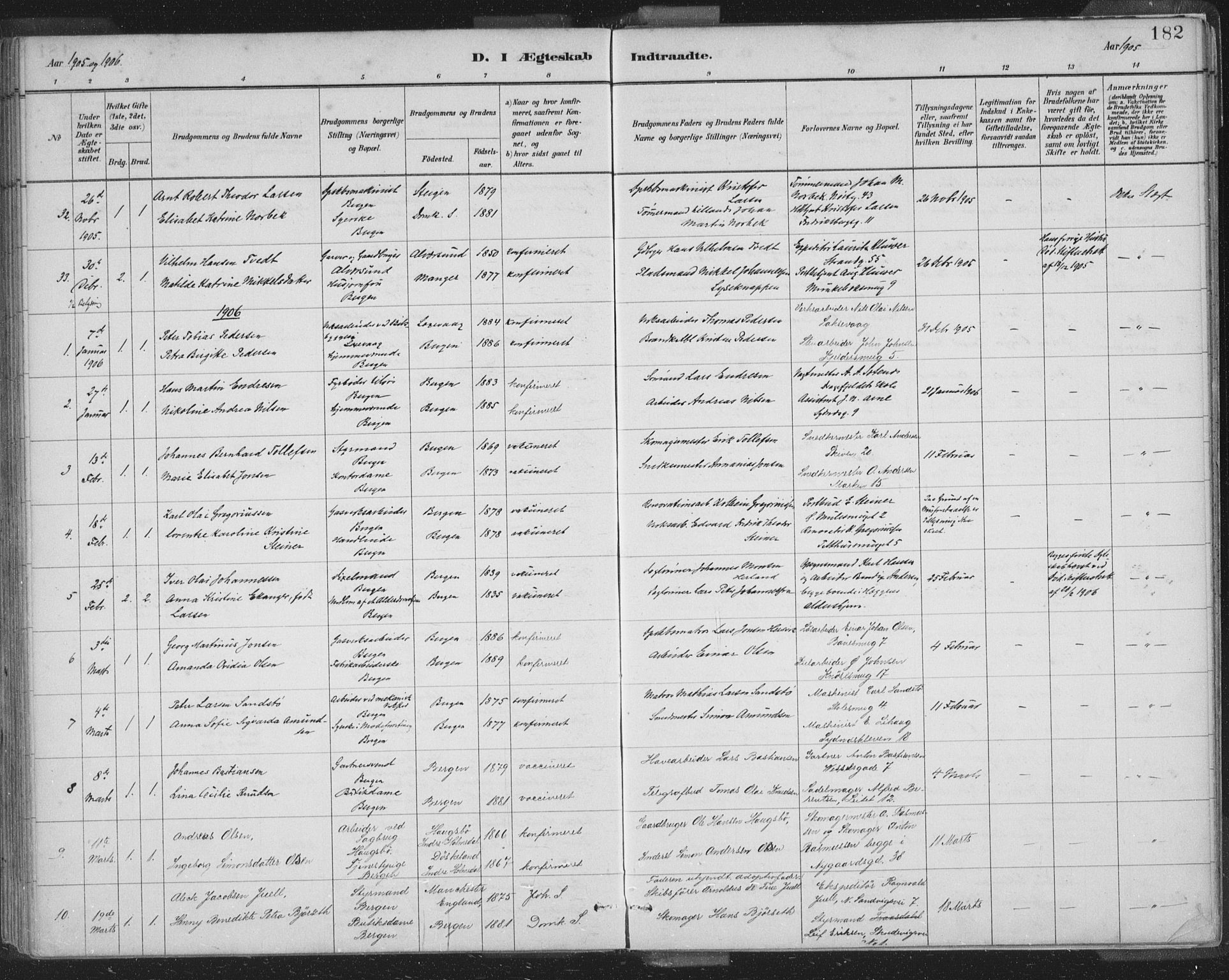 Domkirken sokneprestembete, SAB/A-74801/H/Hab/L0032: Parish register (copy) no. D 4, 1880-1907, p. 182