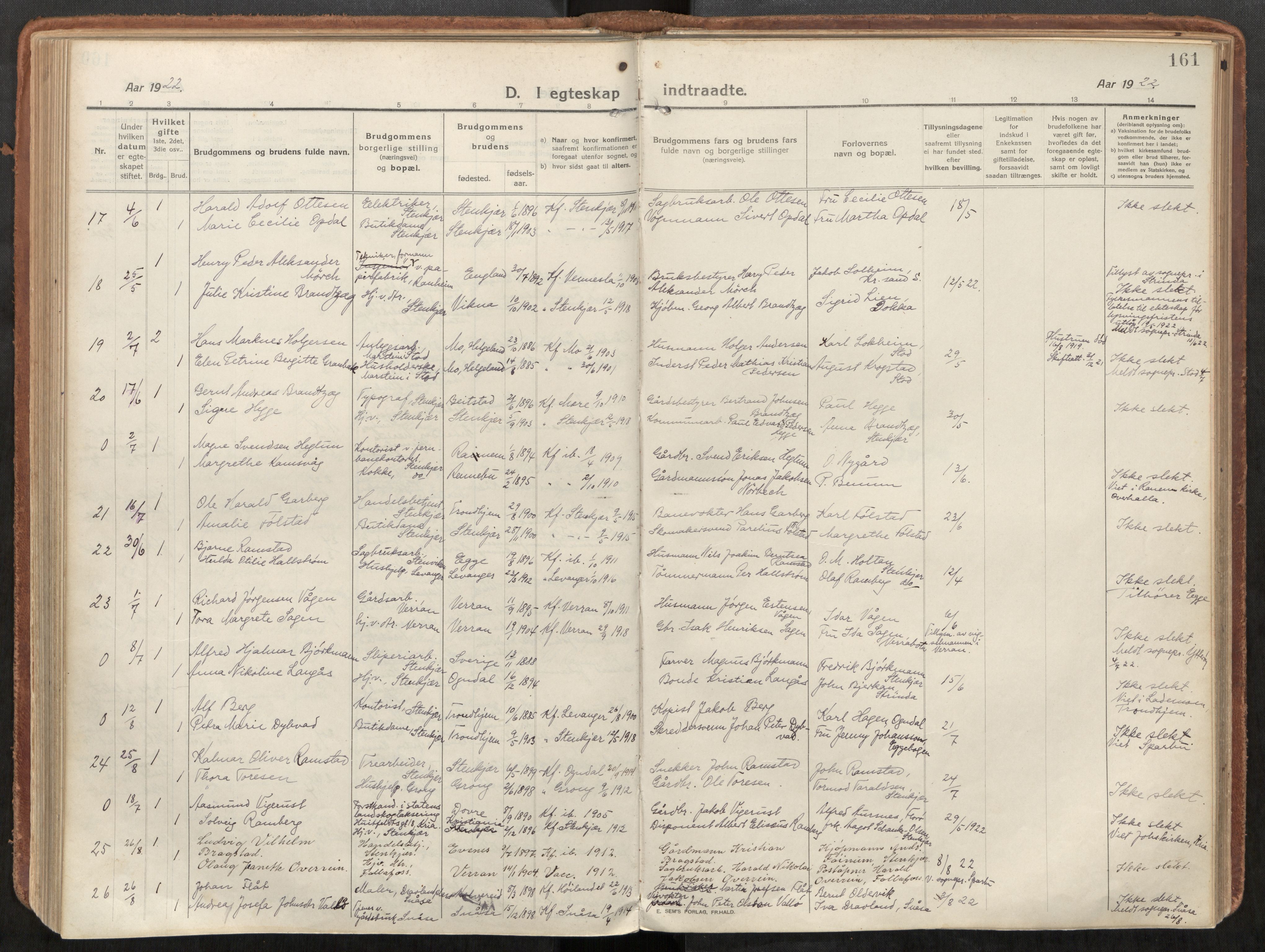 Steinkjer sokneprestkontor, AV/SAT-A-1541/01/H/Ha/Haa/L0003: Parish register (official) no. 3, 1913-1922, p. 161