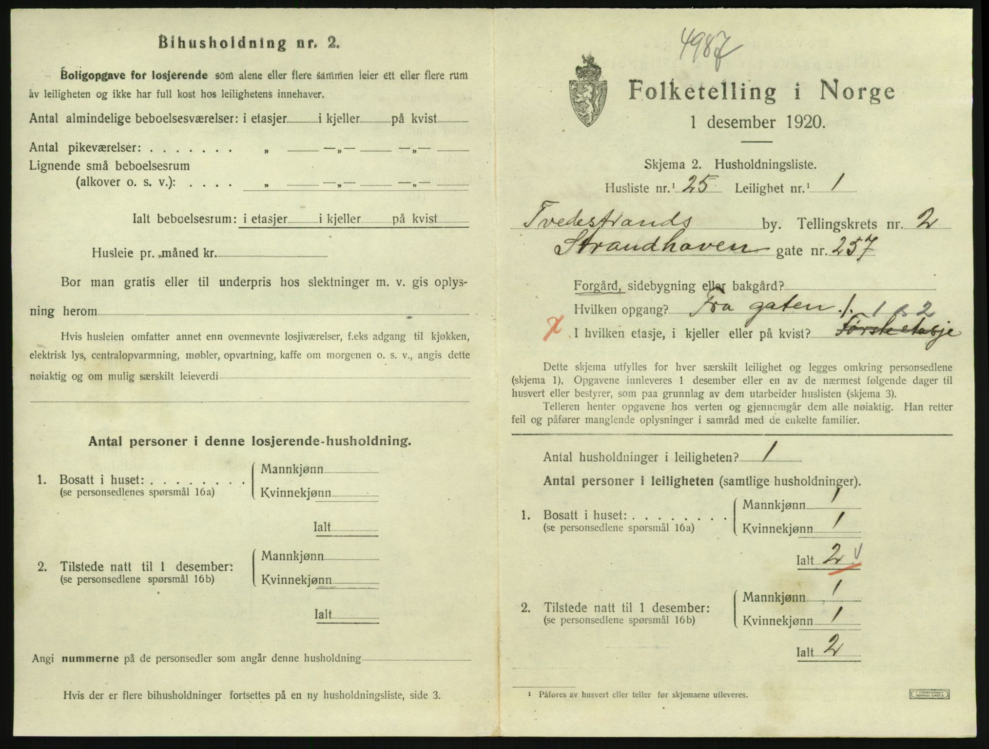 SAK, 1920 census for Tvedestrand, 1920, p. 1005