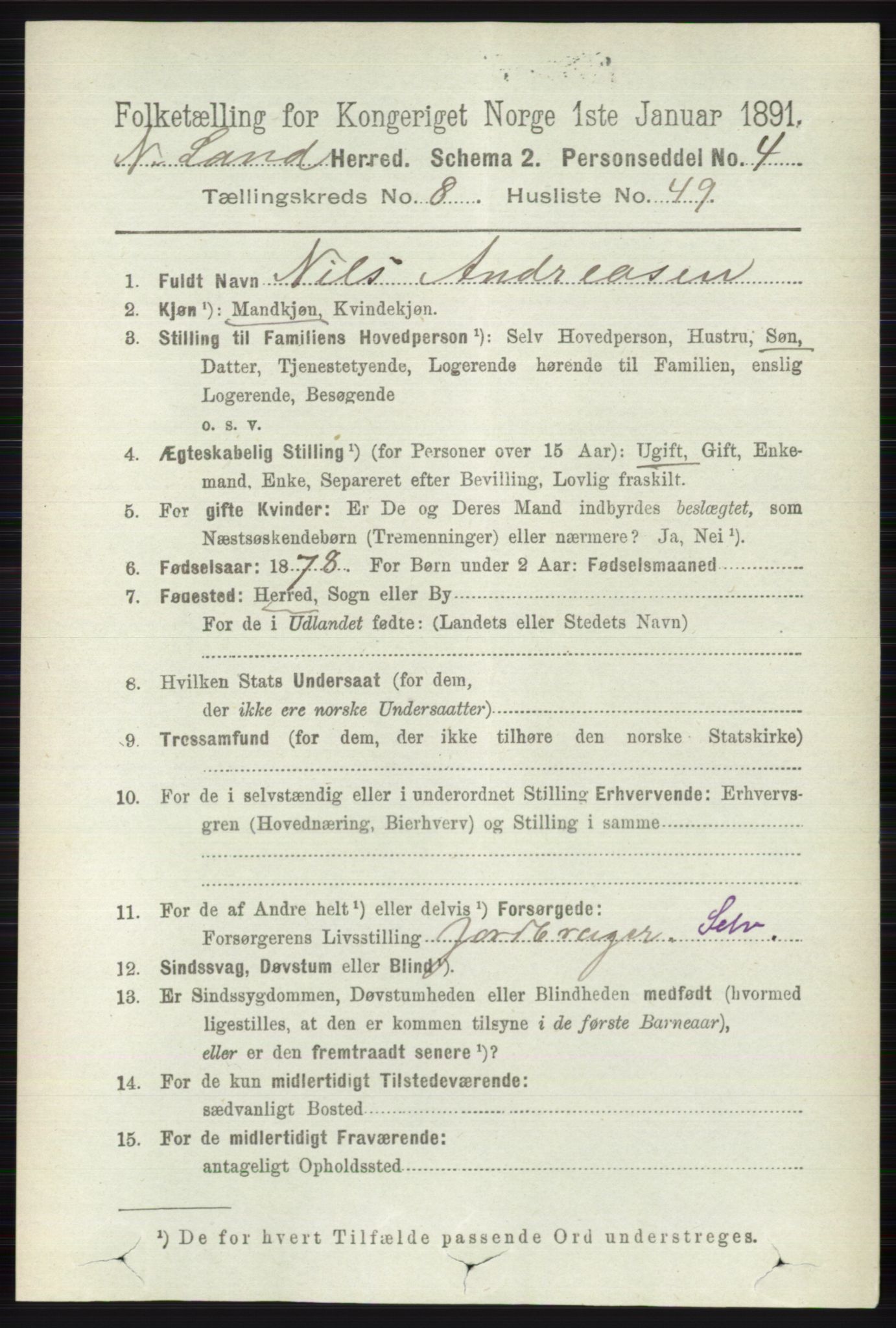 RA, 1891 census for 0538 Nordre Land, 1891, p. 2504