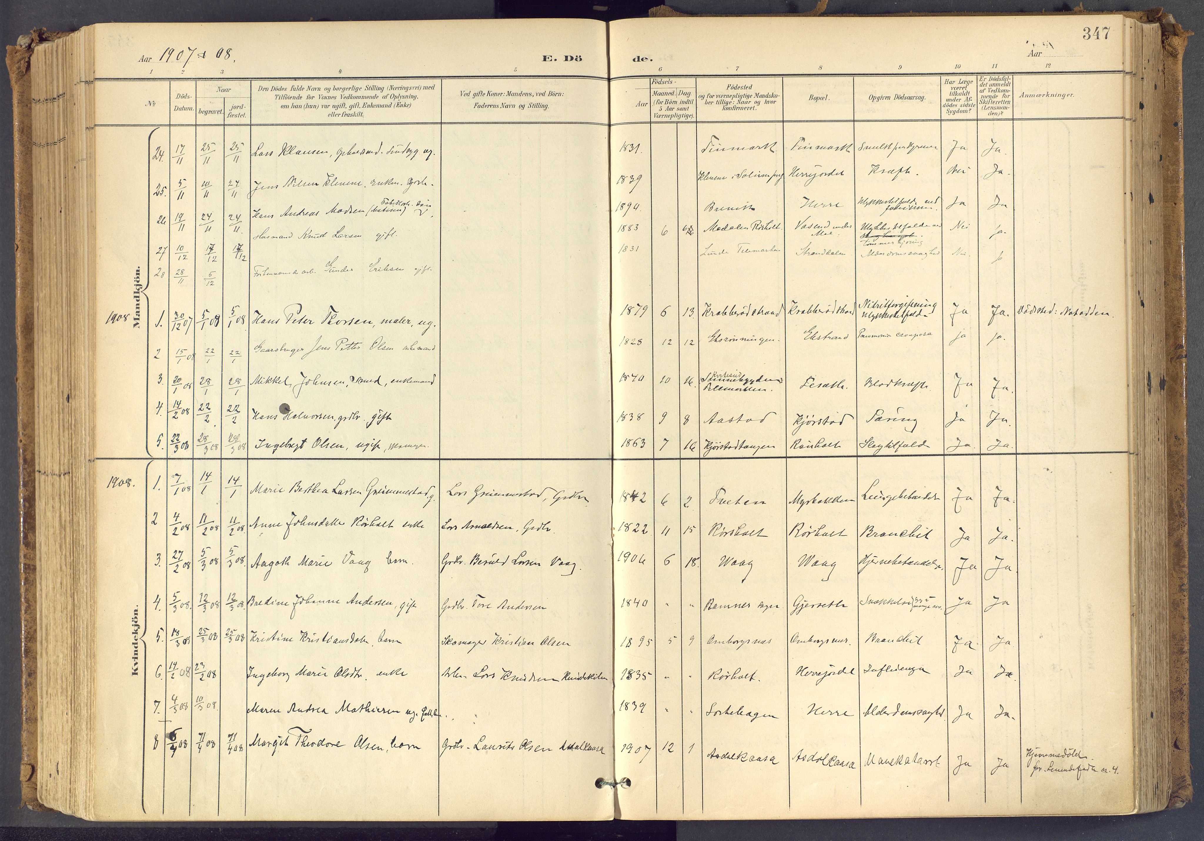 Bamble kirkebøker, AV/SAKO-A-253/F/Fa/L0009: Parish register (official) no. I 9, 1901-1917, p. 347