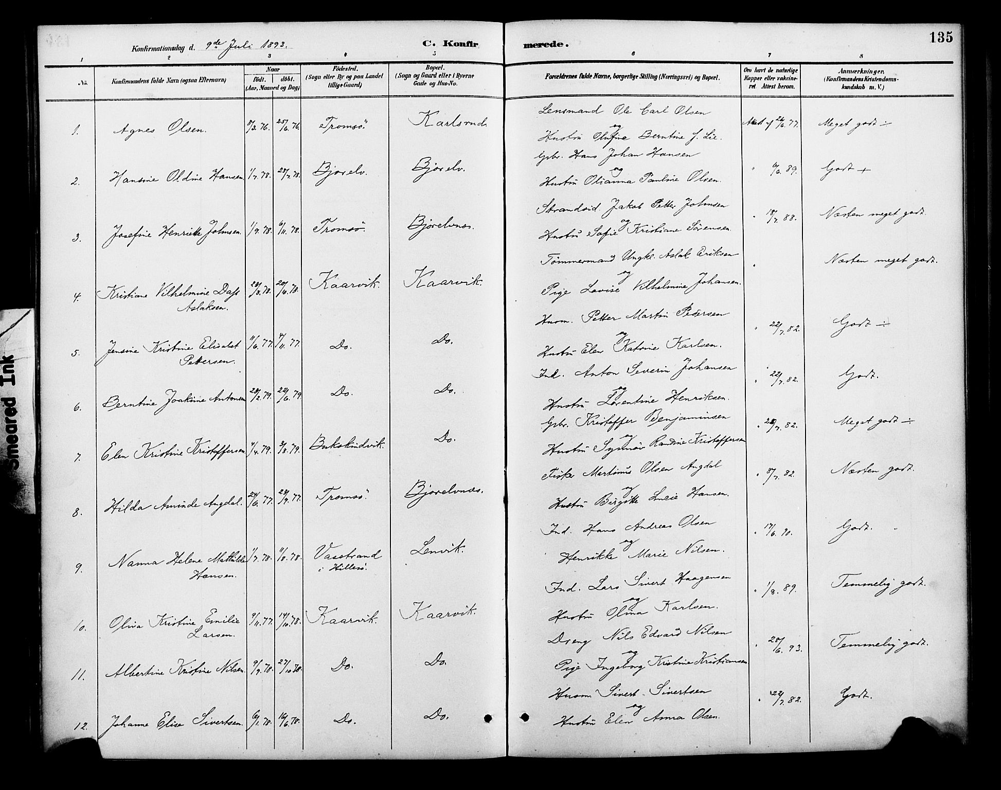 Lenvik sokneprestembete, SATØ/S-1310/H/Ha/Haa/L0013kirke: Parish register (official) no. 13, 1890-1898, p. 135