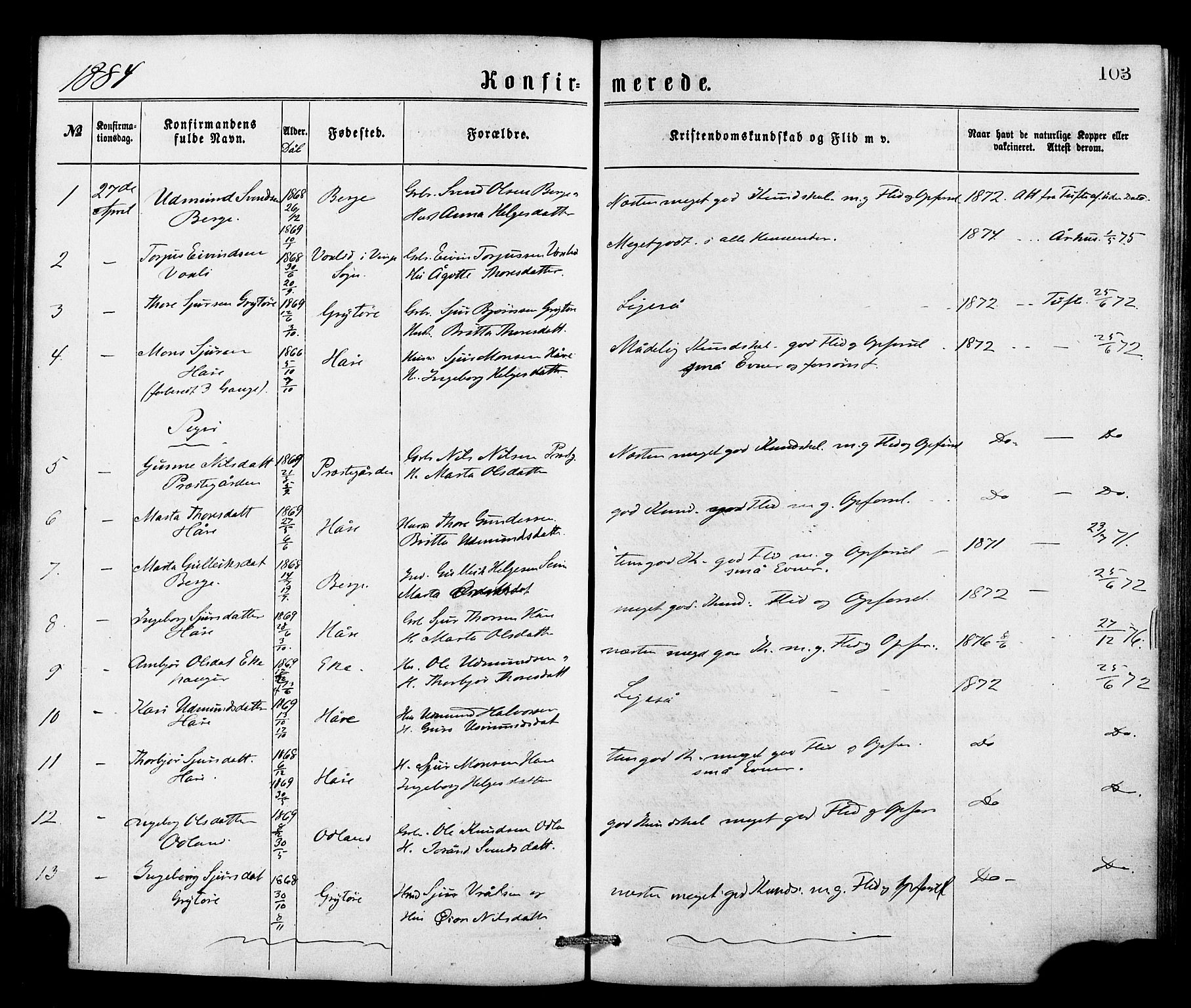 Røldal sokneprestembete, SAB/A-100247: Parish register (official) no. A 4, 1870-1886, p. 103